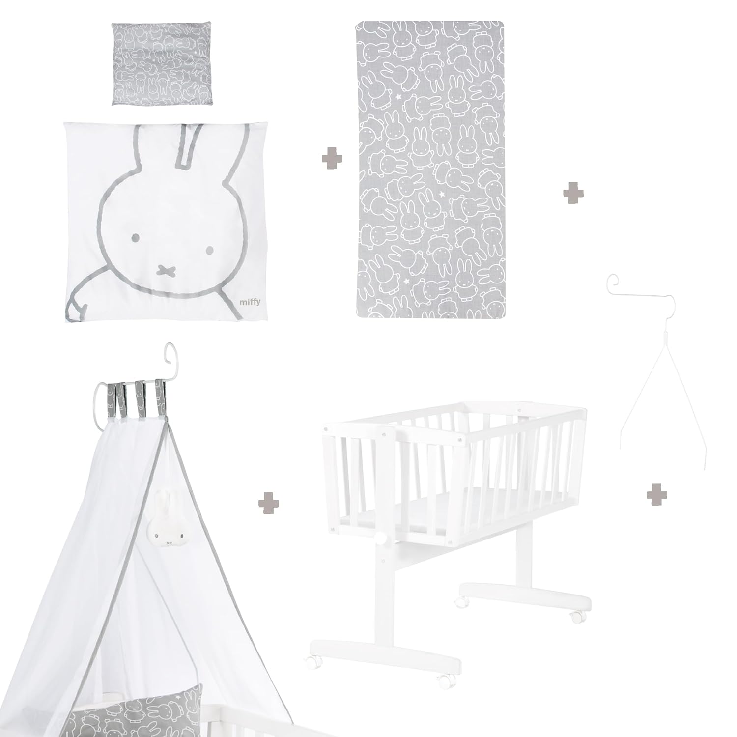 roba Babywiege 40 x 90 cm Adam & Eule - Stubenwagen & Wiege mit Rollen - Bett Set komplett mit Feststellfunktion - Inkl. textiler Ausstattung - Holz weiß