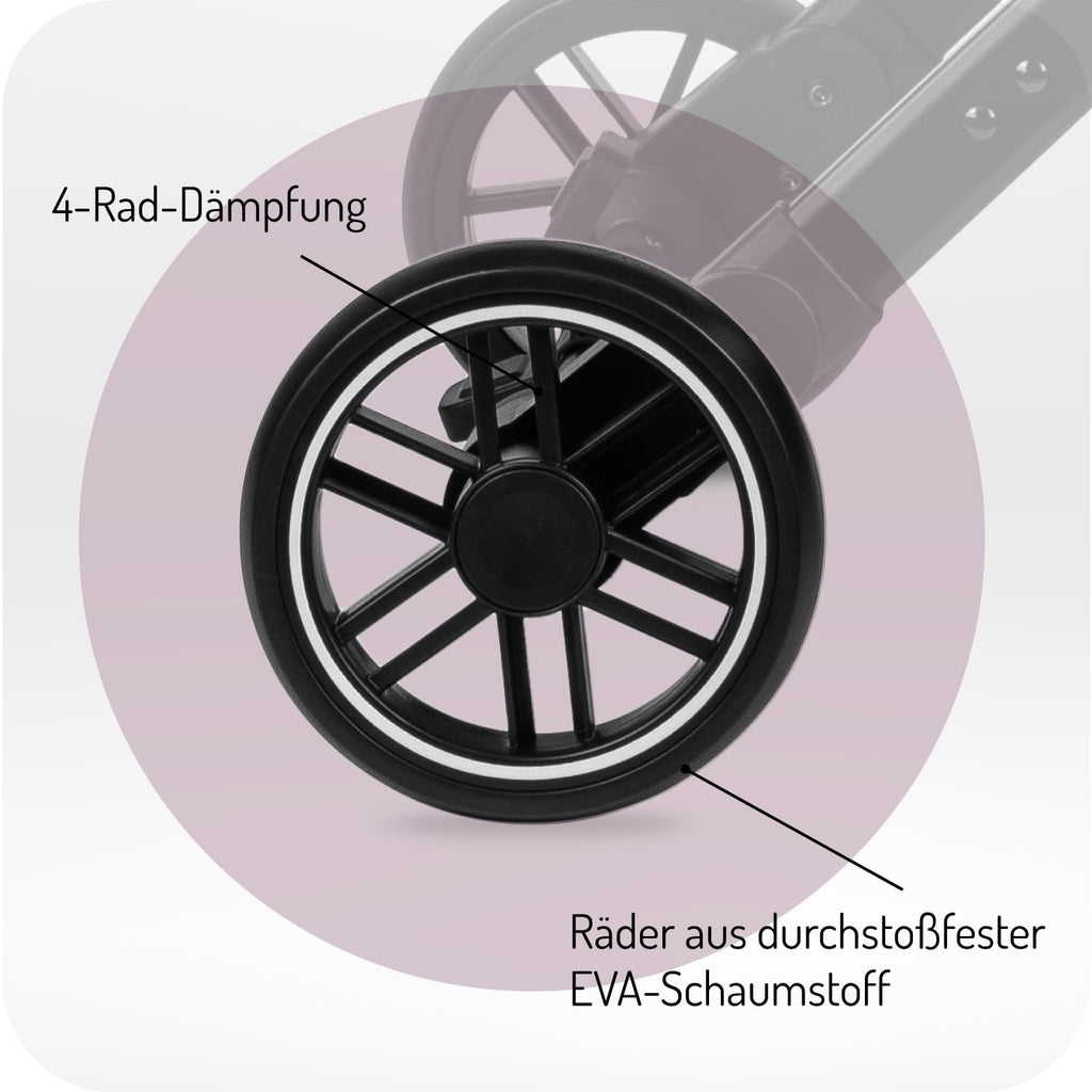 MOMI ESTELLE Kinderwagen für Kinder ab 6 Monat bis zu max körpergewicht von 15 kg, klappbar auf die Maße 65 x 51 x 21 cm, gewicht 7,5 kg, 5-Punkt-Sicherheitsgurt, koffer, grau-gold, Räder 6''/6,5''