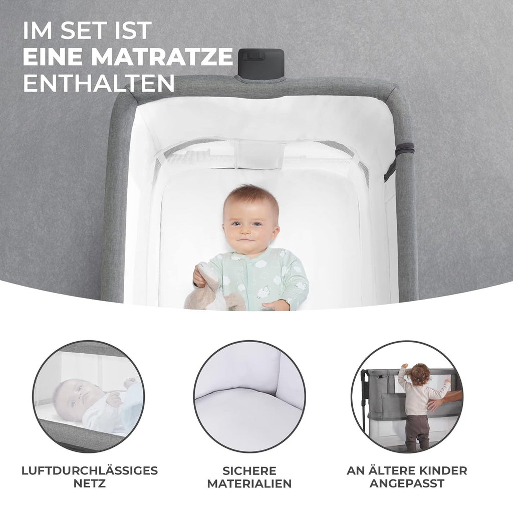 Kinderkraft NESTE GROW Lettino 3 in 1, Lettino da affiancare, Lettino da neonato dalla nascita fino a 2 anni, con materasso, borsa per il trasporto, ruote, regolazione dell'altezza a 5 livelli, angolo del materasso regolabile, Beige
