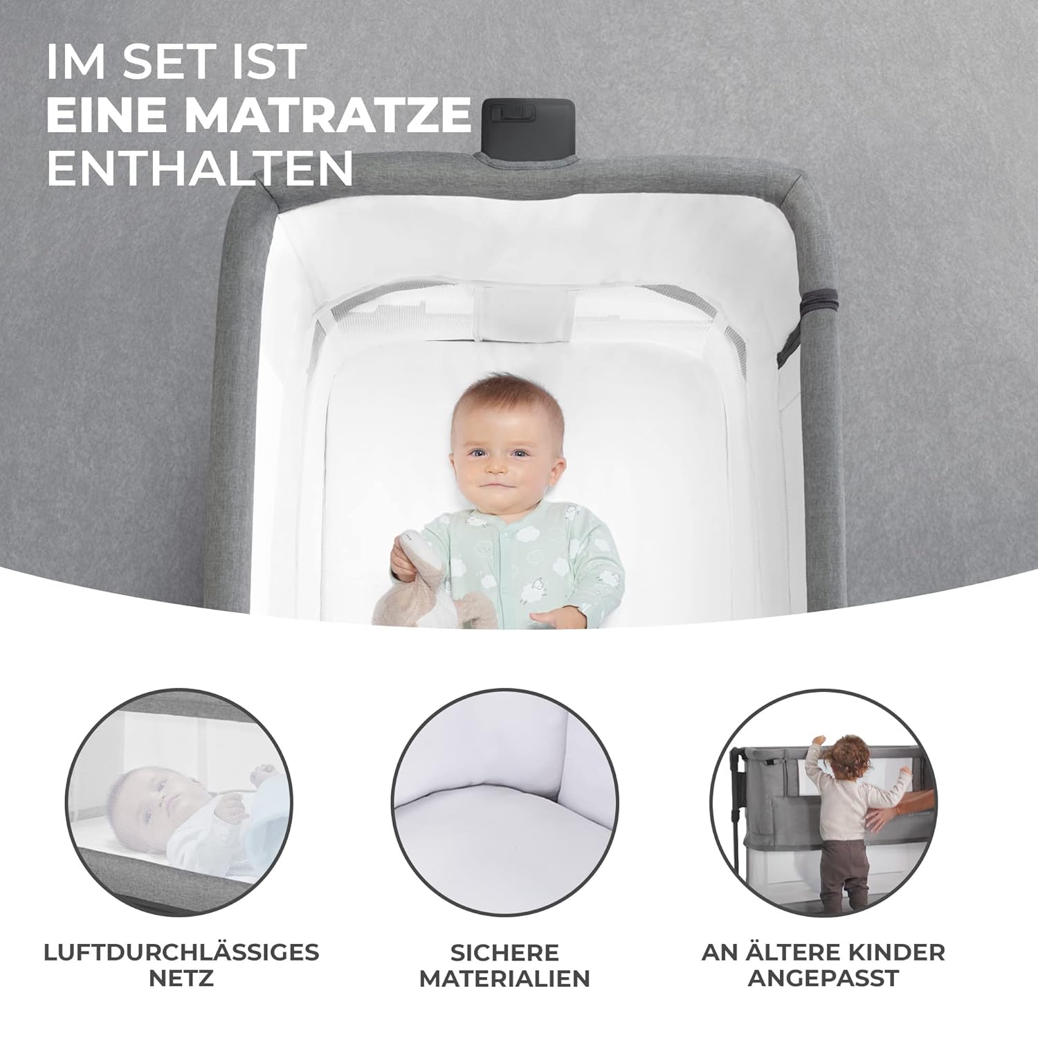 Kinderkraft NESTE GROW Lettino 3 in 1, Lettino da affiancare, Lettino da neonato dalla nascita fino a 2 anni, con materasso, borsa per il trasporto, ruote, regolazione dell'altezza a 5 livelli, angolo del materasso regolabile, Beige