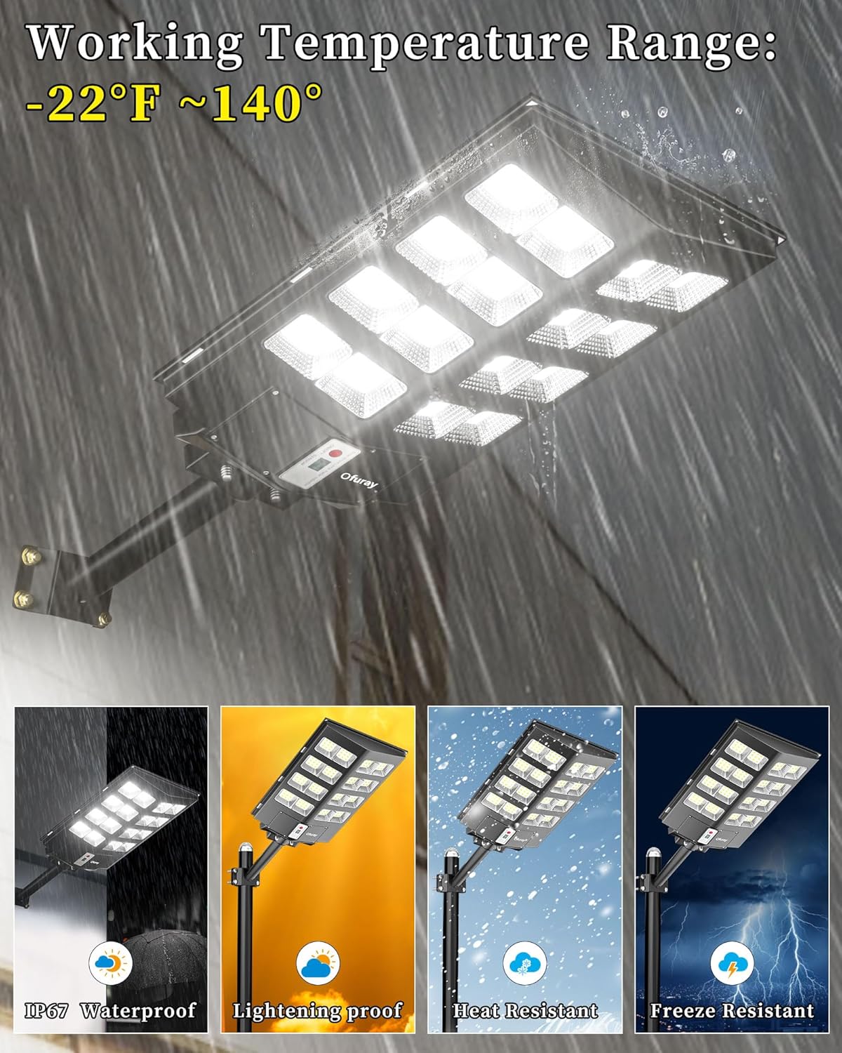 Ofuray 2000W Solar Straßenlaterne für Außen, 200000LM Solarlampen für Außen mit Bewegungsmelder, 6500K Solarleuchten Dämmerung bis zum Morgengrauen, IP67 Wasserdichte wegeleuchte für Parkplatz, Hof