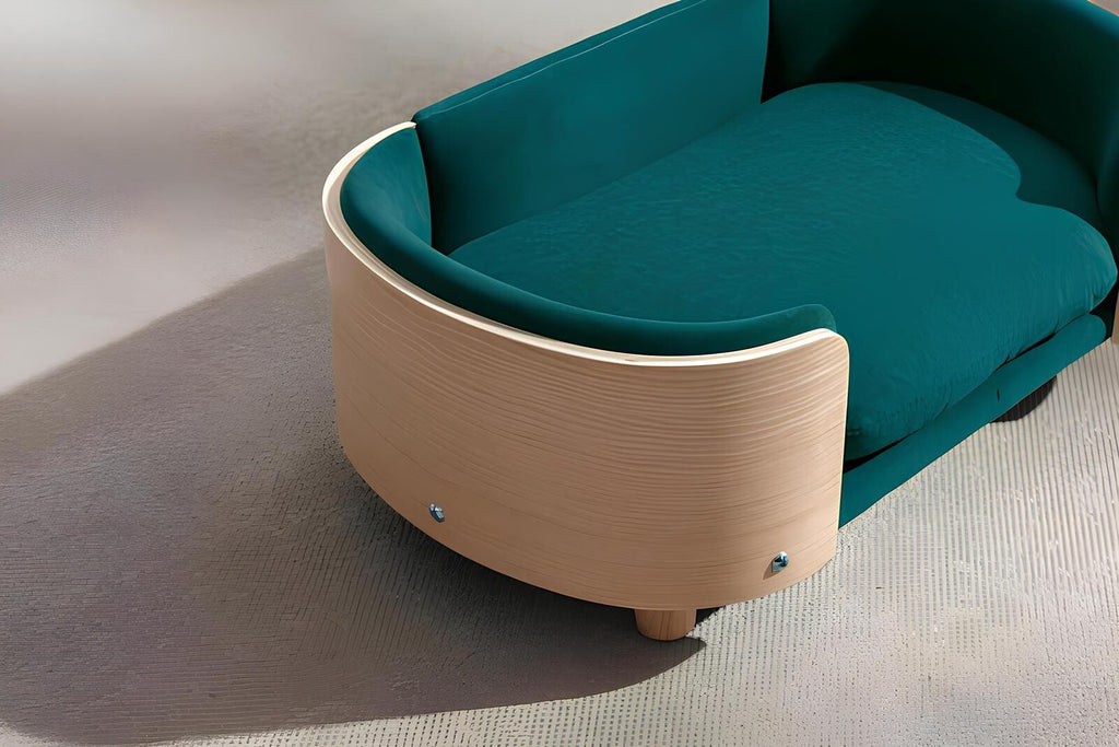 HolzHundebett – Lettino per cani moderno in legno con cuscino confortevole