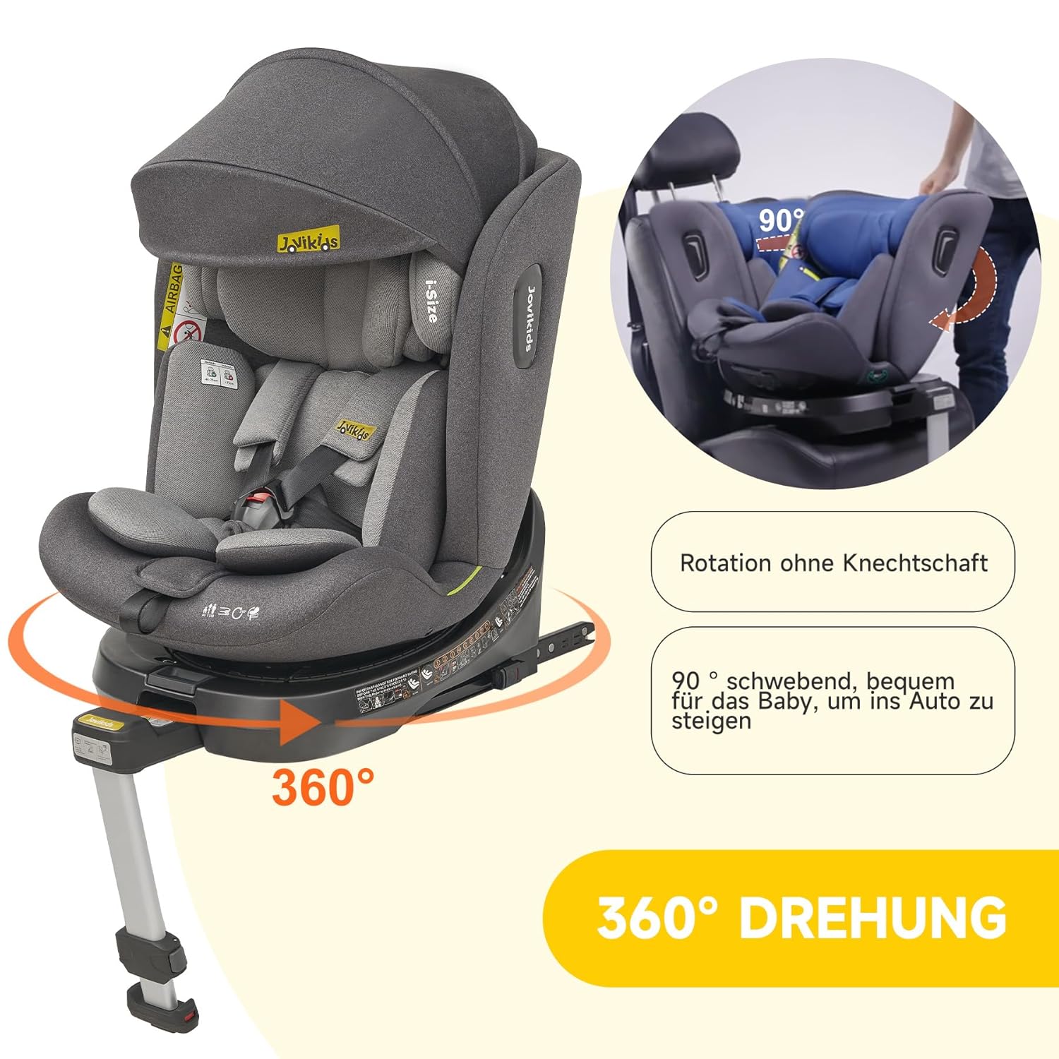Jovikids 360° Drehbar Kindersitz mit ISOFIX, i-Size 40-150cm(ab Geburt -12 Jahre) Baby Autositz Reboarder mit Liegefunktion & Abnehmbar Vordach, ECE R129 (blau)