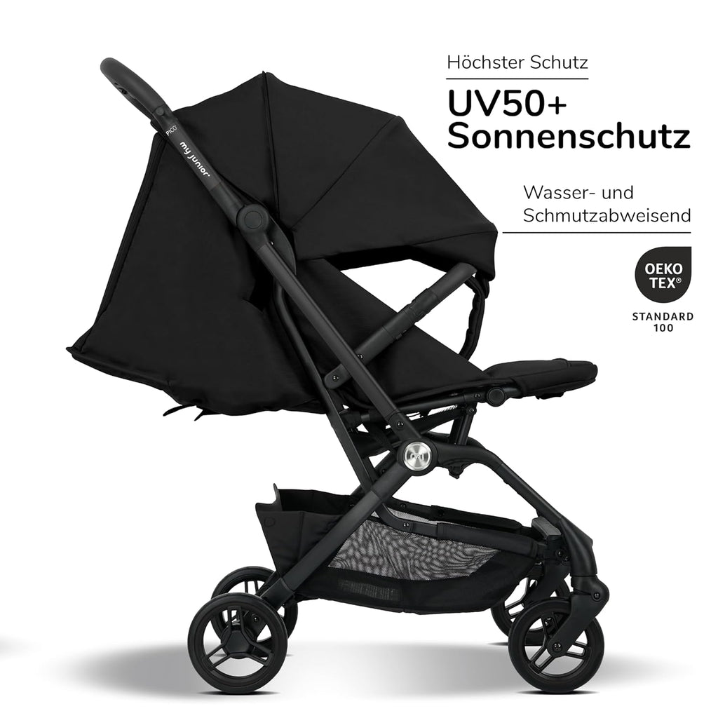 my junior® Buggy PICO³ | bis 22kg | Einhand AutoFold-Klappmechanismus | Ergonomische Liegeposition nach IGR e.V. | großes Sonnenverdeck UV50+ | Handgepäckmaß | 2 Belüftungsfenster Hazel - Black