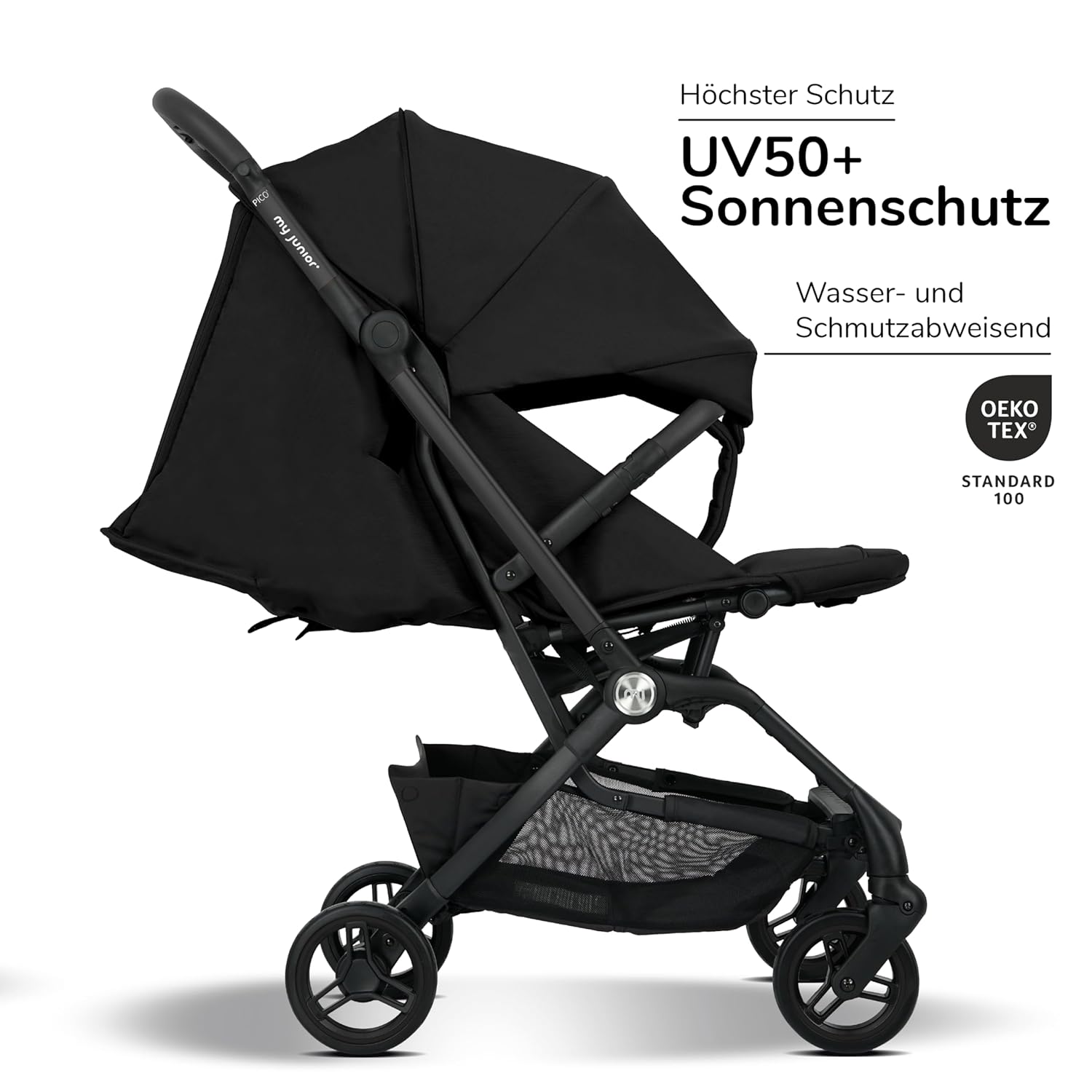 my junior® Buggy PICO³ | bis 22kg | Einhand AutoFold-Klappmechanismus | Ergonomische Liegeposition nach IGR e.V. | großes Sonnenverdeck UV50+ | Handgepäckmaß | 2 Belüftungsfenster Hazel - Black