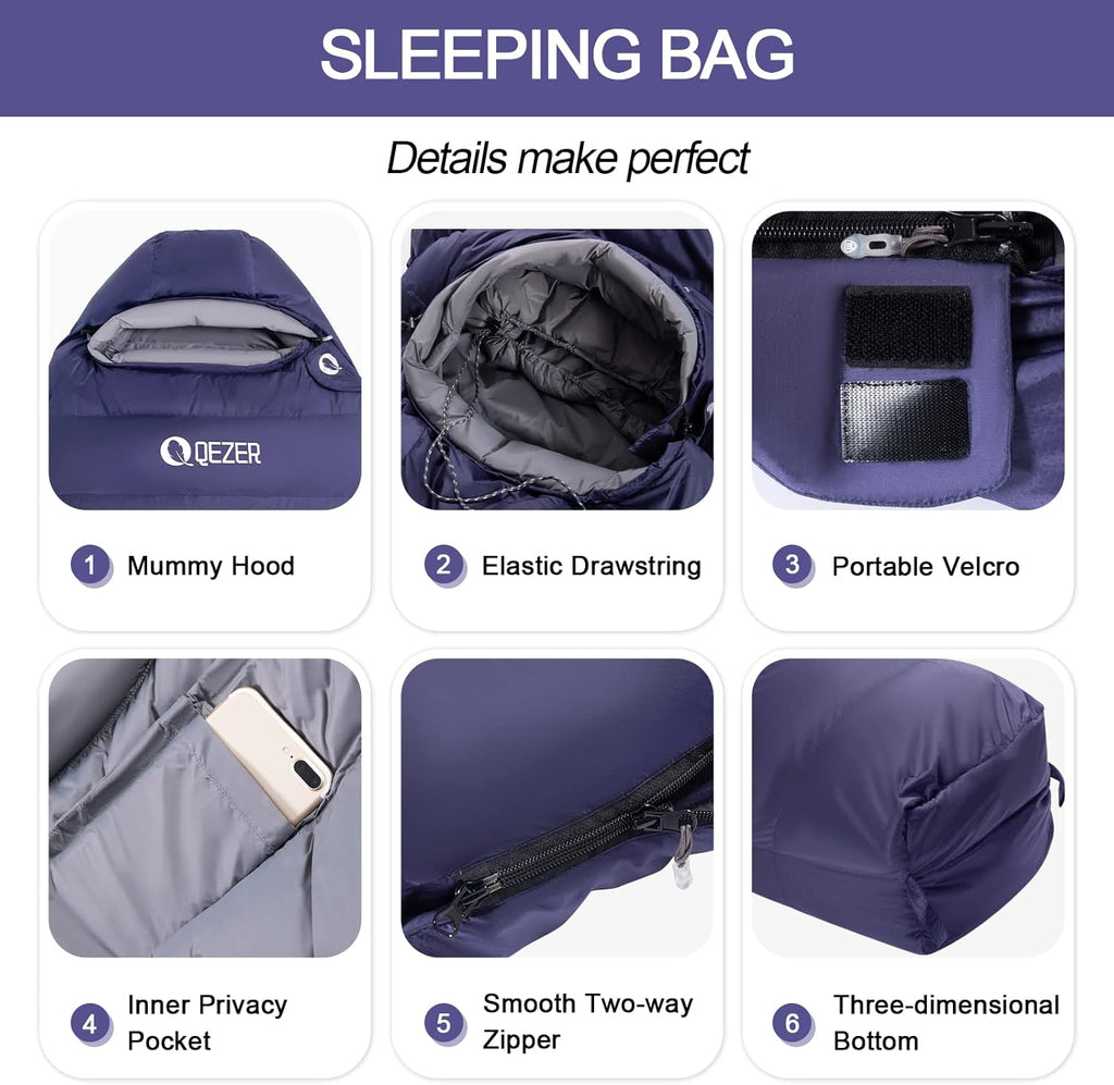 QEZER Daunenschlafsack Warmer Winter Schlafsack Outdoor -8°C bis -23°C 4 Jahreszeiten Mumienschlafsack für Erwachsener und Jugendliche Camping Outdoor und Indoor