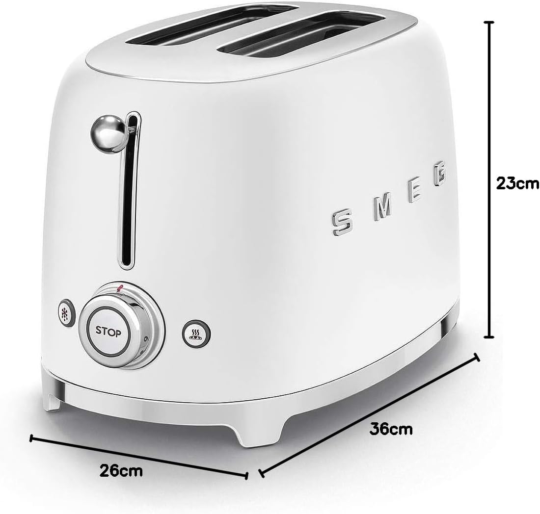 Smeg, 2x2 TSF01CREU - Tostapane, 2 scomparti per 2 fette, 6 livelli di doratura, funzione riscaldamento, funzione scongelamento e bagel, vassoio raccoglibriciole, 950W, Crema