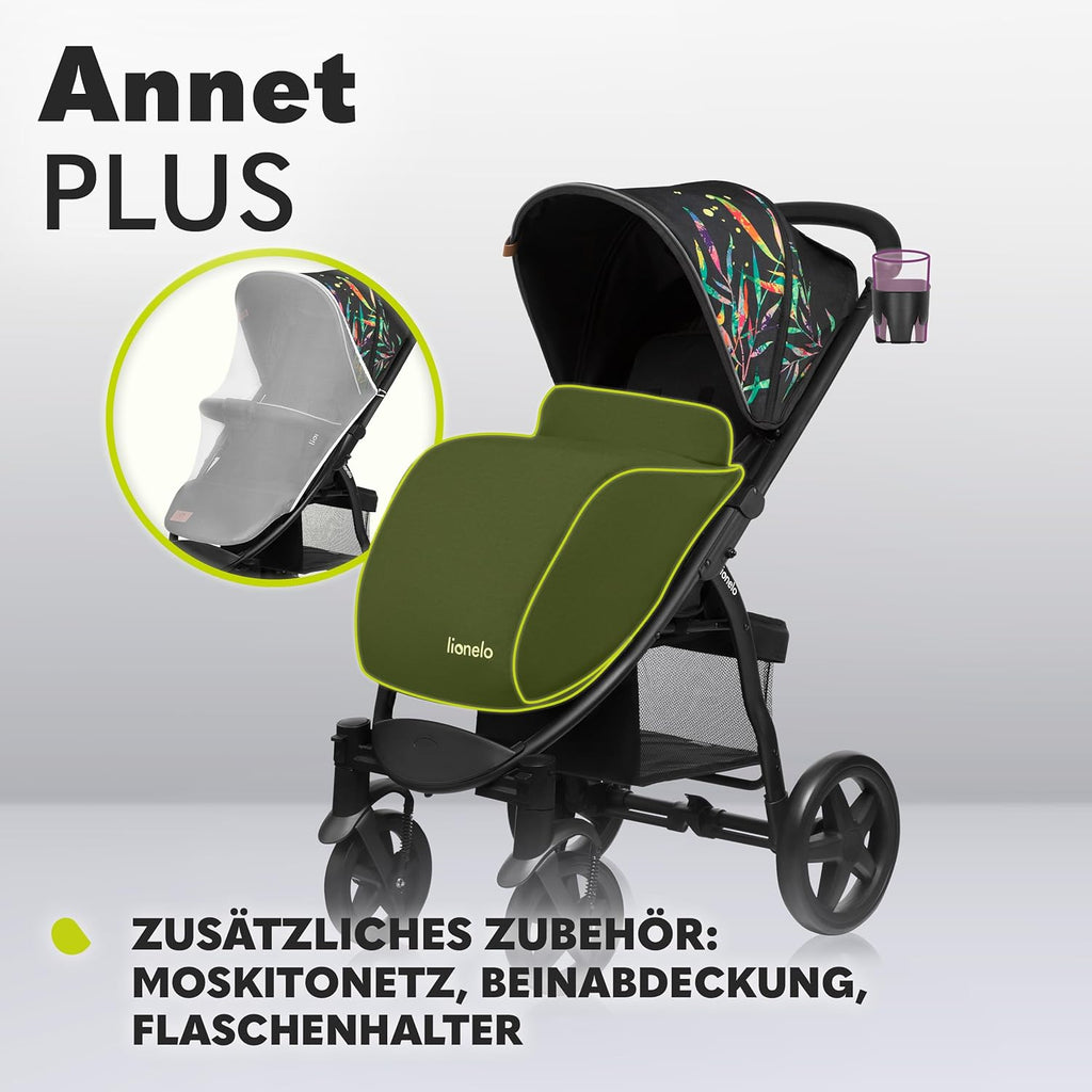LIONELO Annet Buggy fino a 22 kg con funzione reclinabile, passeggino compatto richiudibile con accessori, ruote in schiuma EVA, zanzariera, coprigambe, portabevande, cestino (Golden Moments, Tour)