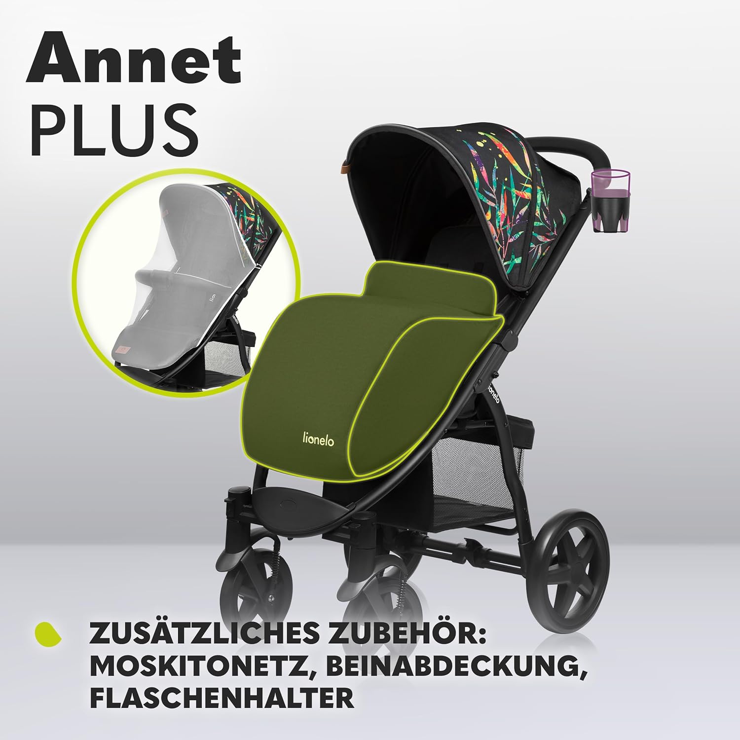 LIONELO Annet Buggy fino a 22 kg con funzione reclinabile, passeggino compatto richiudibile con accessori, ruote in schiuma EVA, zanzariera, coprigambe, portabevande, cestino (Golden Moments, Tour)