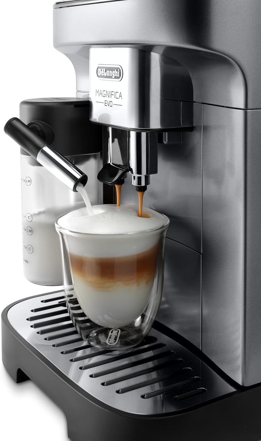 De'Longhi Magnifica Evo ECAM292.81.SB, macchina da caffè automatica con sistema latte, 7 tasti per selezione diretta di cappuccino, espresso e altre specialità di caffè, pannello di controllo, funzione 2 tazze, argento/nero