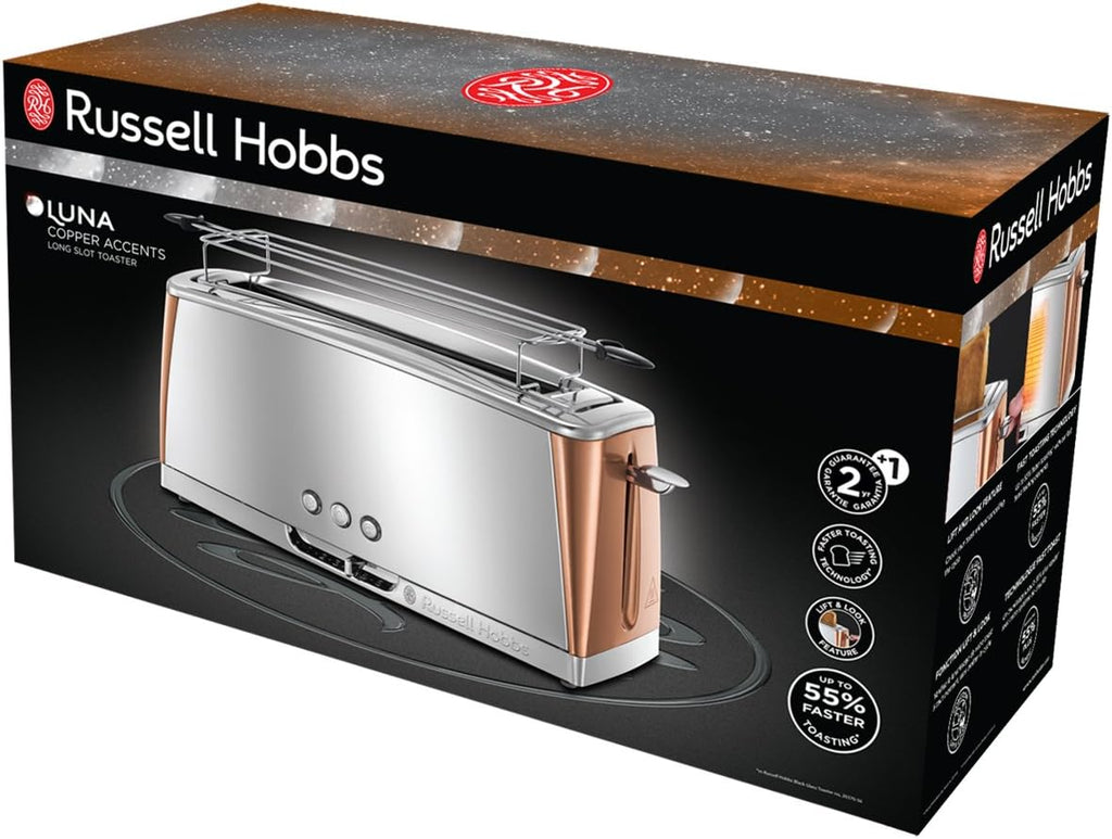 Russell Hobbs Tostapane [per 2 fette] Luna Acciaio Inossidabile Rame (fessure extra large, include supporto per panini, 6 livelli di doratura + funzione scongelamento e riscaldamento, 1550W) 24290-56
