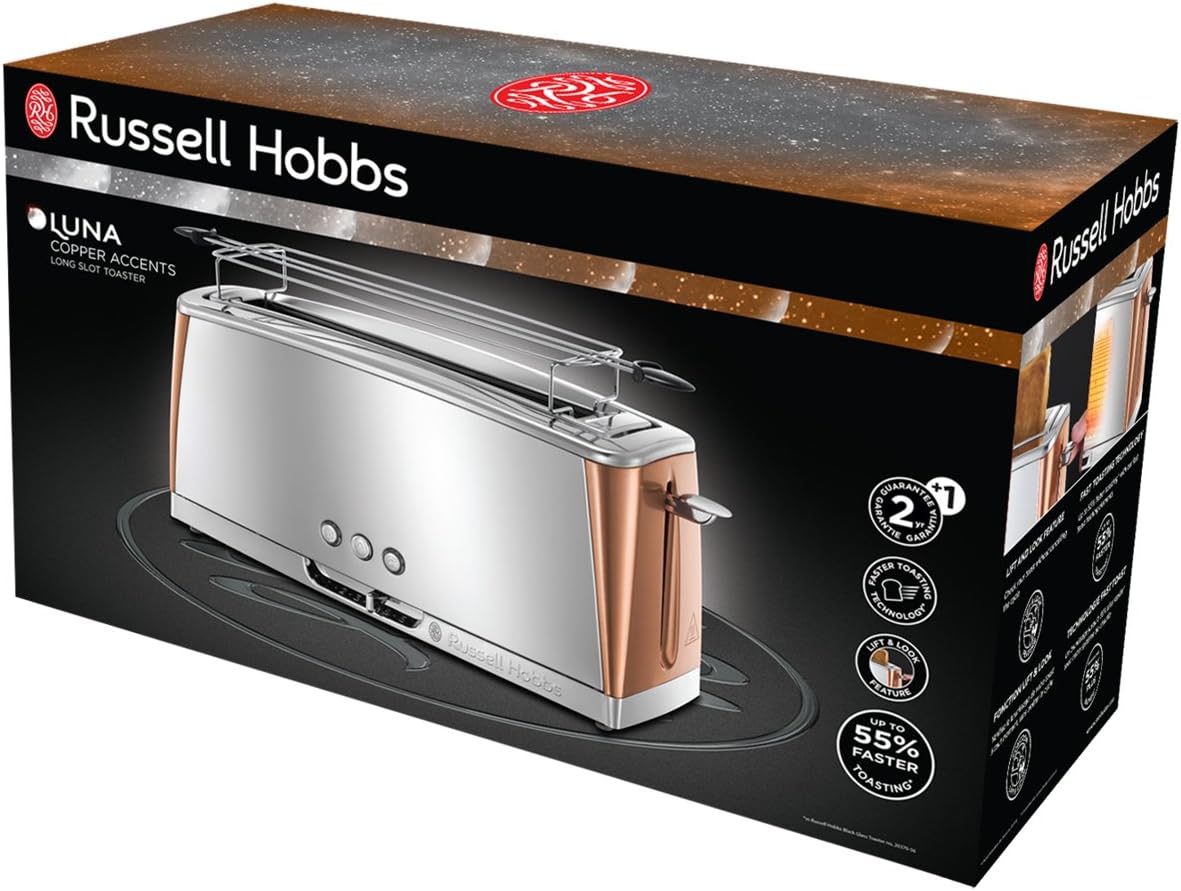 Russell Hobbs Tostapane [per 2 fette] Luna Acciaio Inossidabile Rame (fessure extra large, include supporto per panini, 6 livelli di doratura + funzione scongelamento e riscaldamento, 1550W) 24290-56