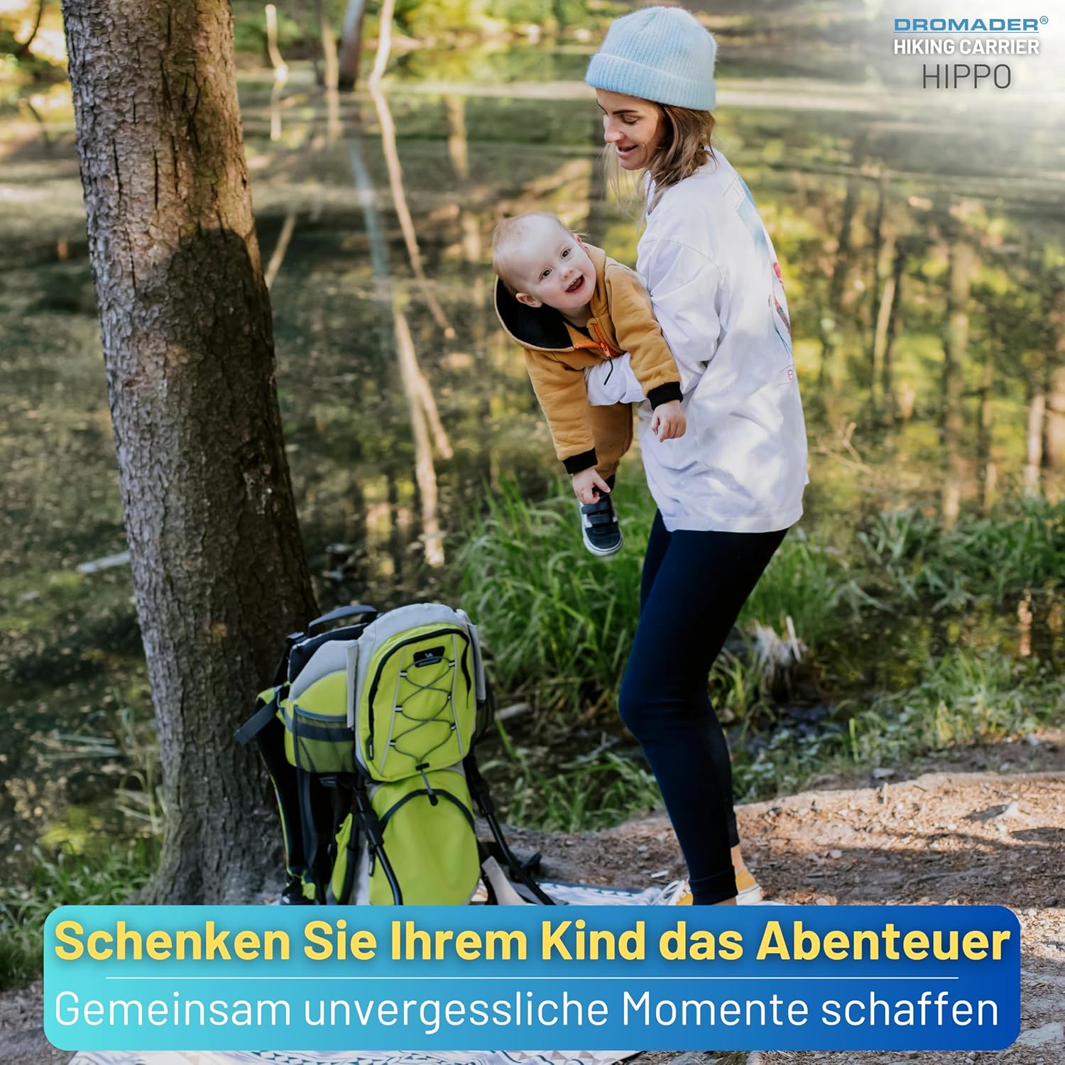 Dromader Kraxe Kindertrage bis 22kg – Kindertrage Wandern mit Sonnendach, Regenschutz, Thermotasche, Wickelmatte – Einhändig klappbare Rahmen – Blau