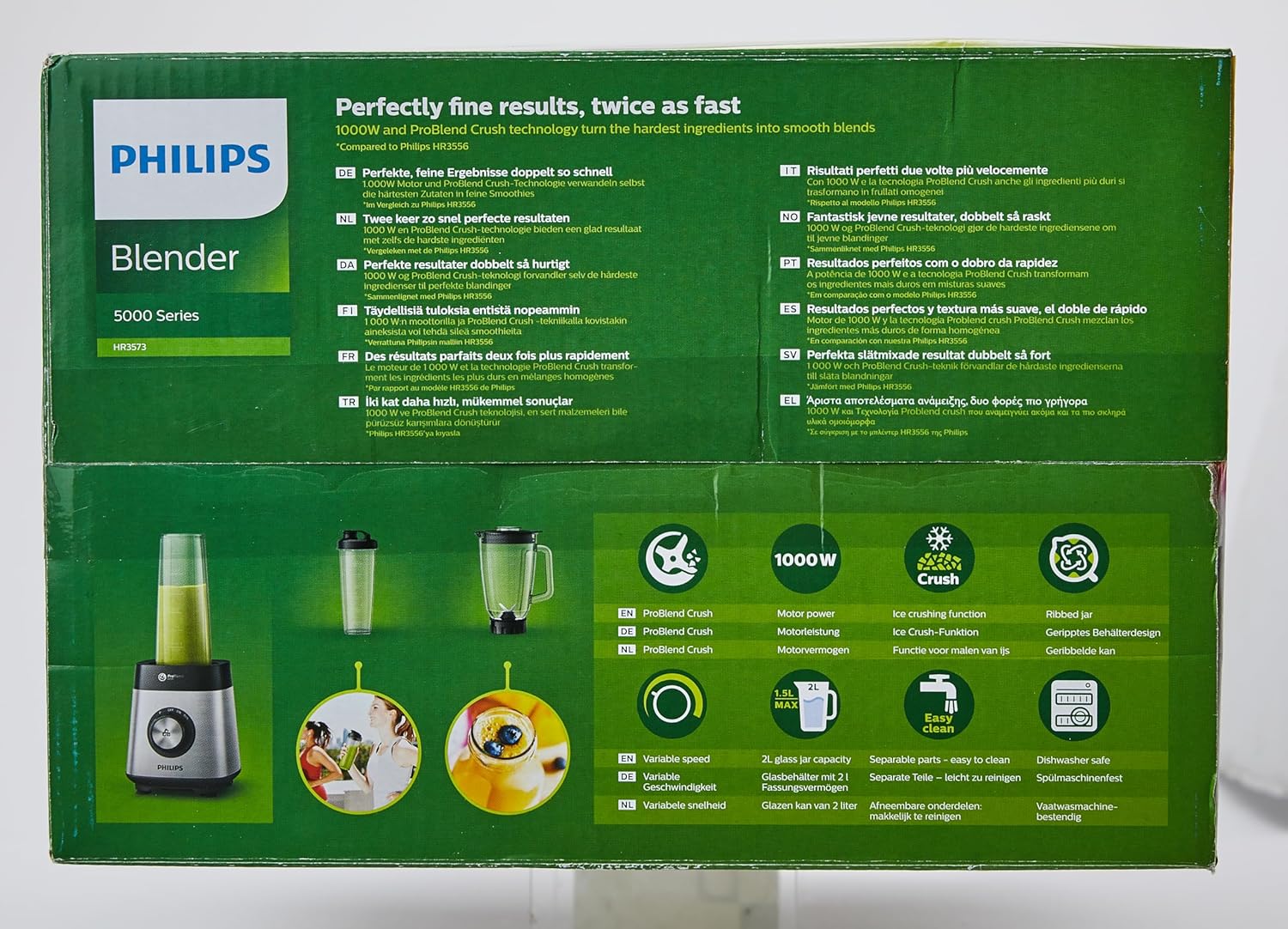 Philips Frullatore da tavolo e per smoothie – 1000 W, caraffa in vetro da 2 litri, app HomeID, velocità variabile, ProBlend Crush, bicchiere da viaggio (HR3573/90)