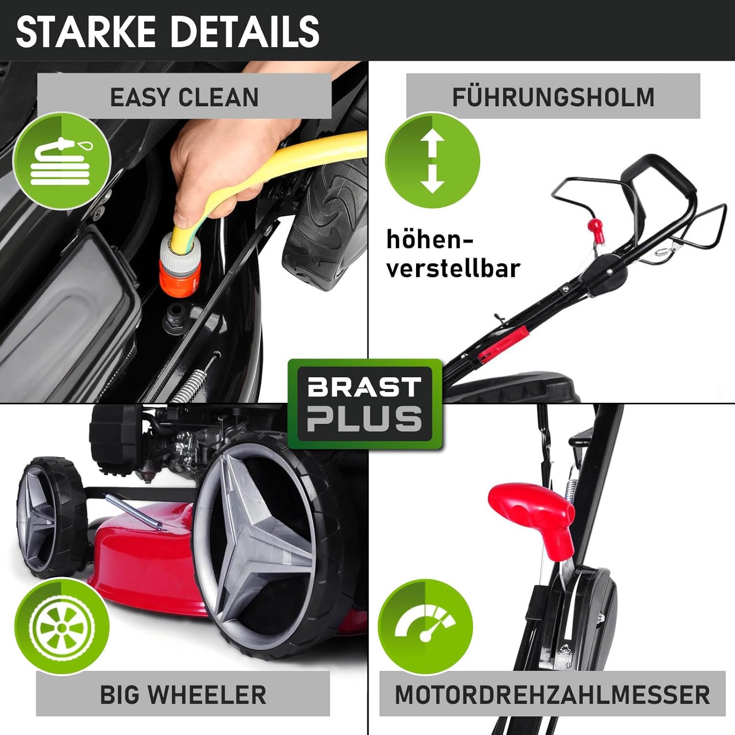 BRAST® Benzin Rasenmäher mit Antrieb | 3,5kW (4,76PS)-5,2kW(7PS) | 46-51cm Schnittbreite | viele Modelle | TÜV | 4 Takt OHV Motor | 30-80mm Schnitthöhe | 60L Fangkorb | Stahlgehäuse | RED LINE 7PS