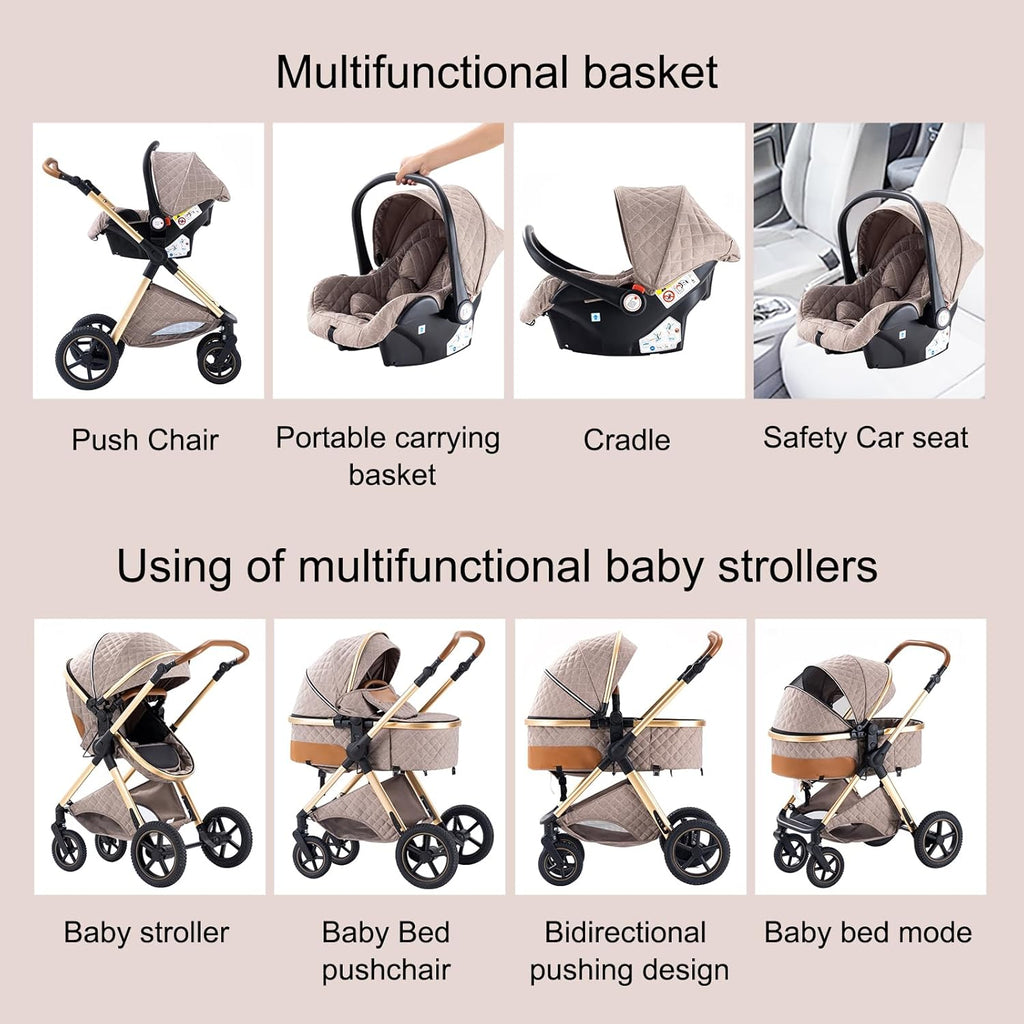 Shineey kinderwagen 3 in 1 Buggy Babybett Komplett Set Einem Klick Zusammenklappbarer Kinderwagen, 3 in 1 KombiKinderwagen Aluminiumrahmen für Neugeborene
