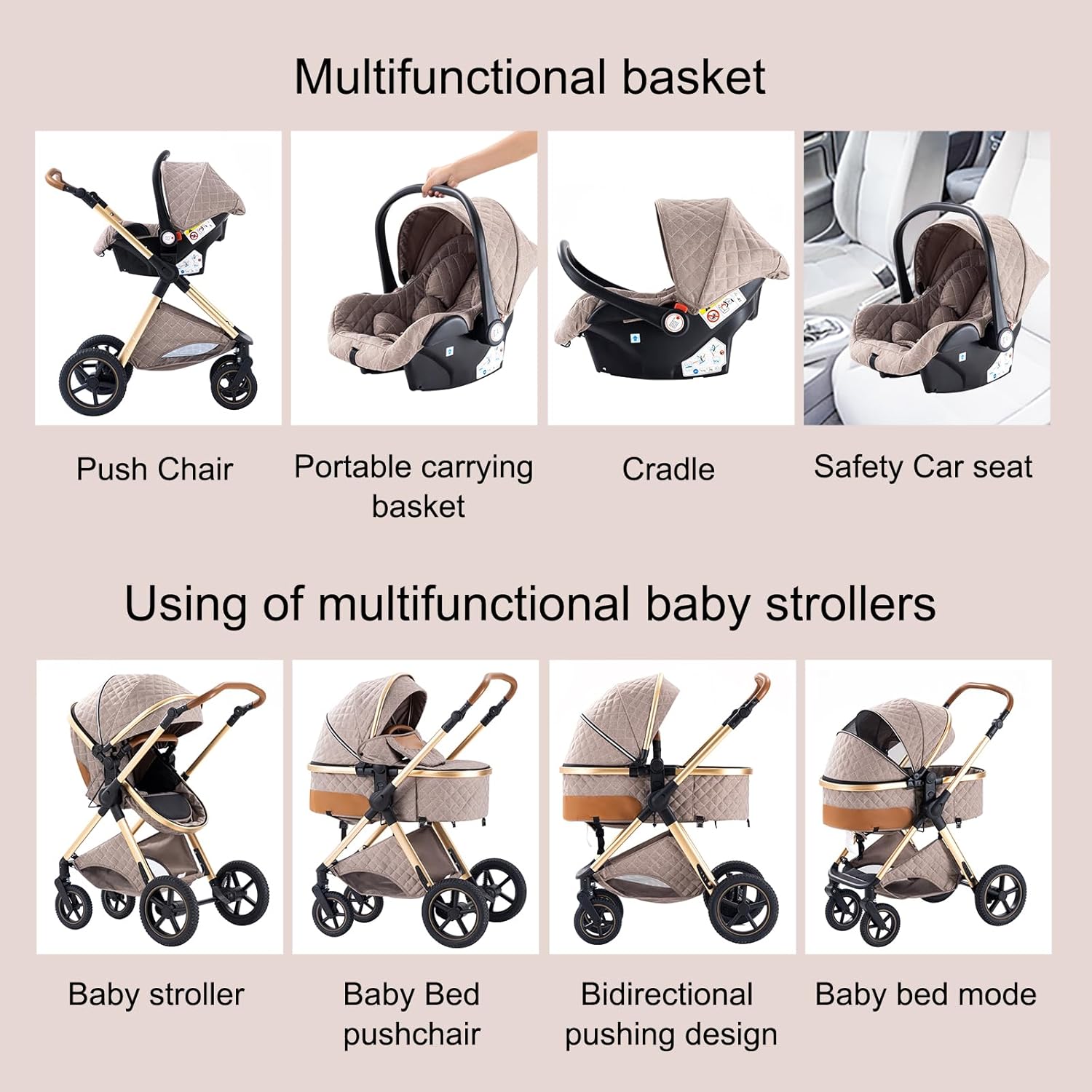 Shineey kinderwagen 3 in 1 Buggy Babybett Komplett Set Einem Klick Zusammenklappbarer Kinderwagen, 3 in 1 KombiKinderwagen Aluminiumrahmen für Neugeborene