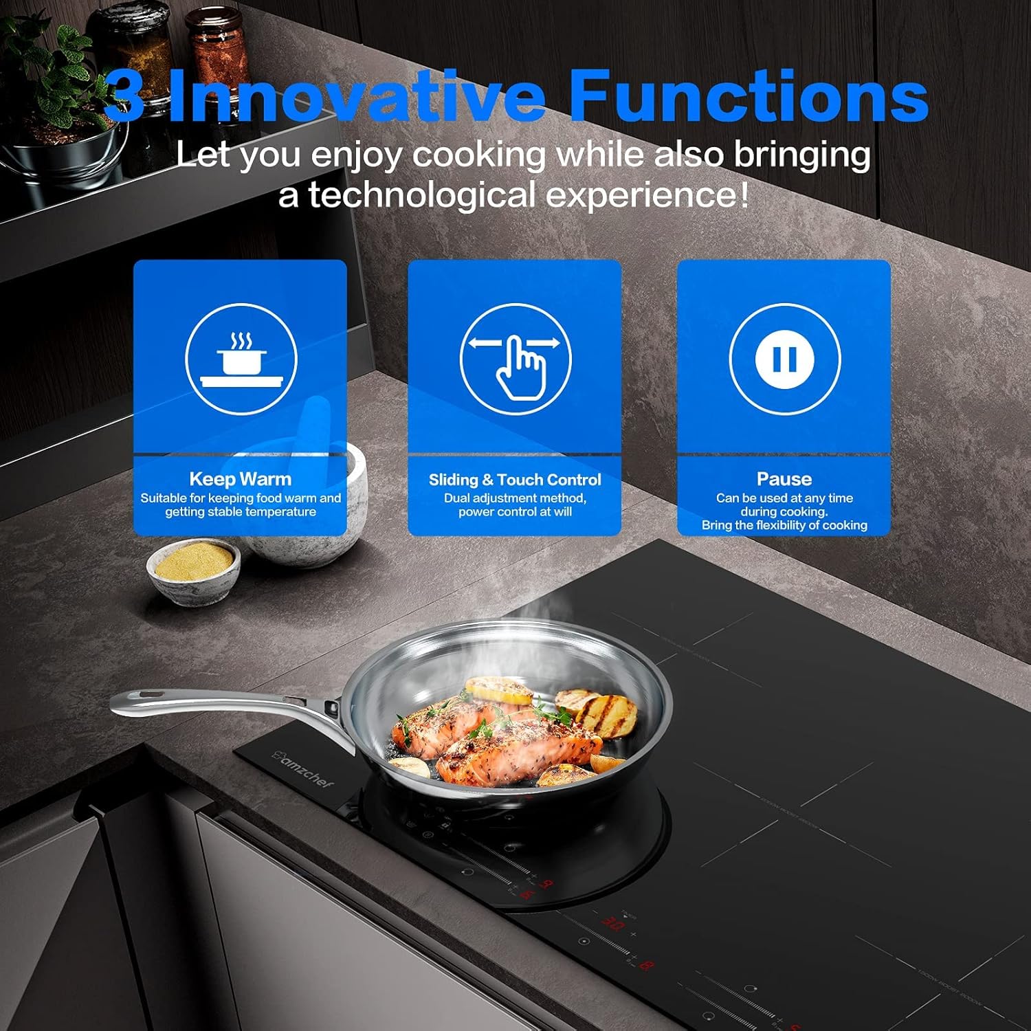 AMZCHEF Piano Cottura a Induzione 5 Zone, Incasso, con Funzione Booster e 9 Livelli, Funzione Pausa e Mantenimento in Caldo, Piano Cottura a Induzione con Controlli Slider, Timer Multifunzione, 7400W