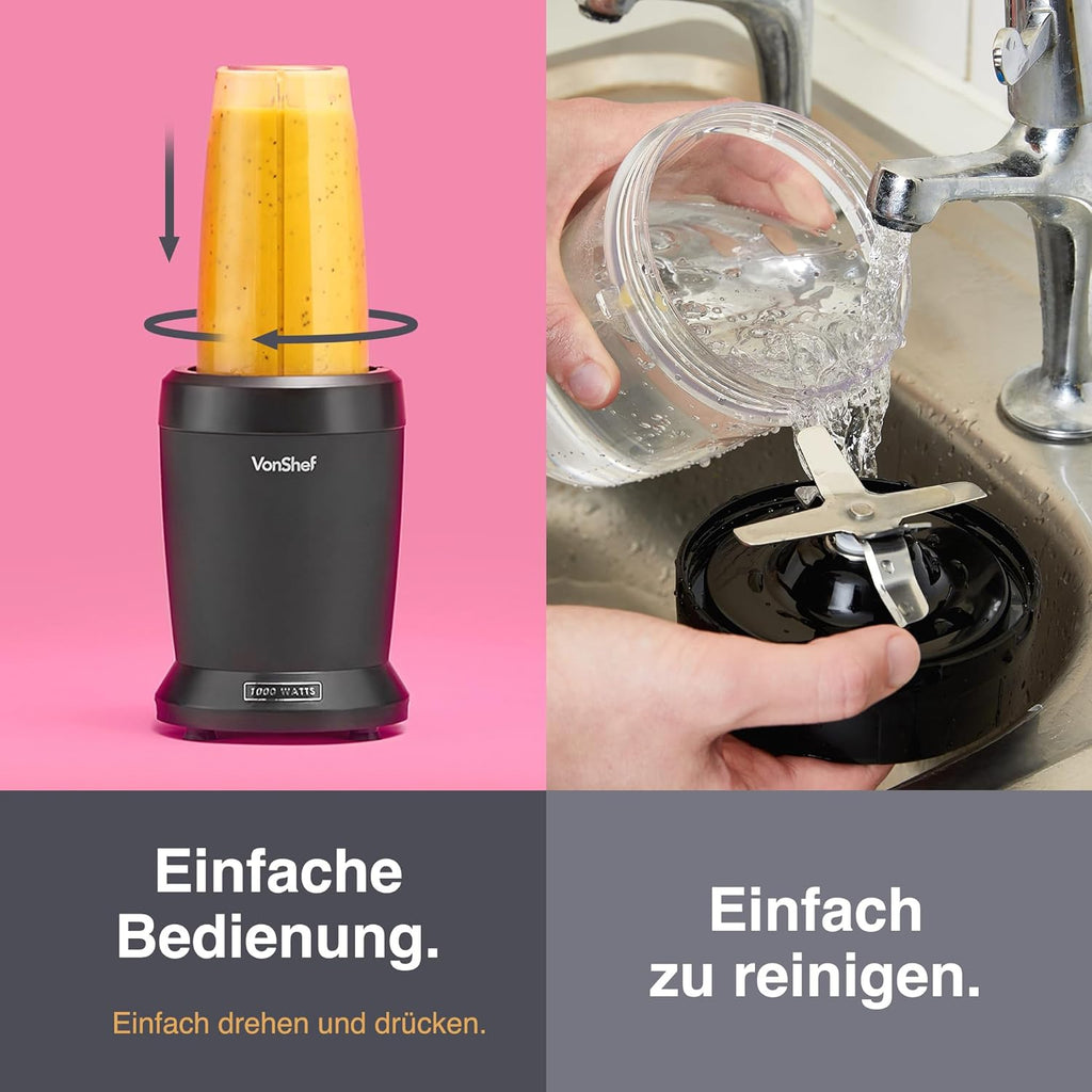 VonShef Frullatore Mixer per Smoothie – Frullatore per Frutta, Verdura e Ghiaccio Tritato, 1000 W/ 500 ml & 800 ml – Frullatore Portatile con Tazza da Viaggio – Mini Mixer con 1 Pulsante - Nero
