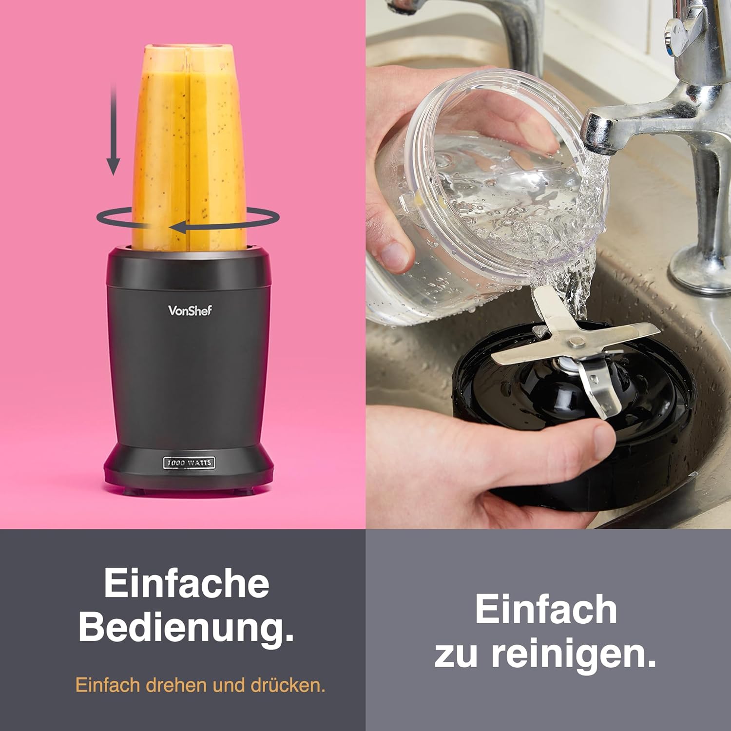 VonShef Frullatore Mixer per Smoothie – Frullatore per Frutta, Verdura e Ghiaccio Tritato, 1000 W/ 500 ml & 800 ml – Frullatore Portatile con Tazza da Viaggio – Mini Mixer con 1 Pulsante - Nero