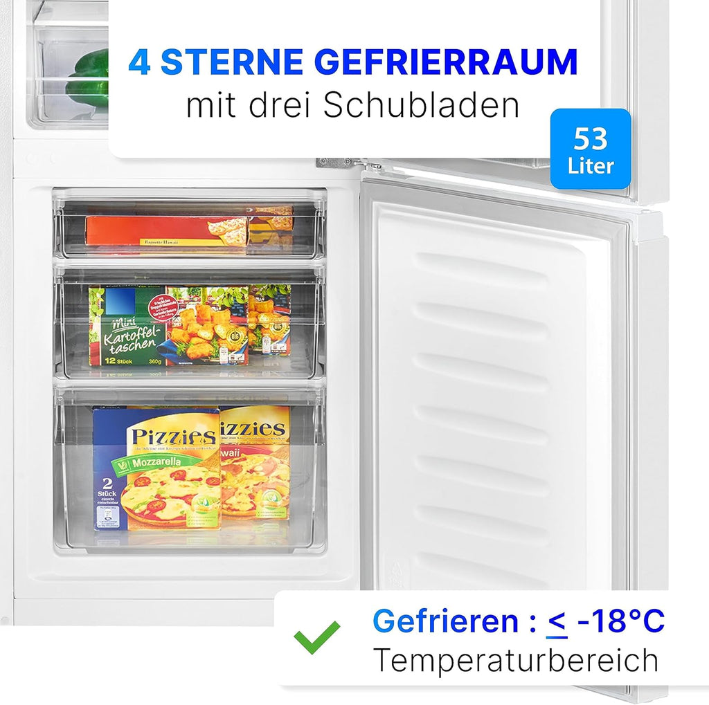 Bomann Fridge-Freezer KG 320.2, 143 cm High, Fridge-Freezer with 175 Litre Capacity, 3 Shelves and 3 Drawers, Door Stop Replaceable, Quiet Fridge-Freezer 39 dB, Black