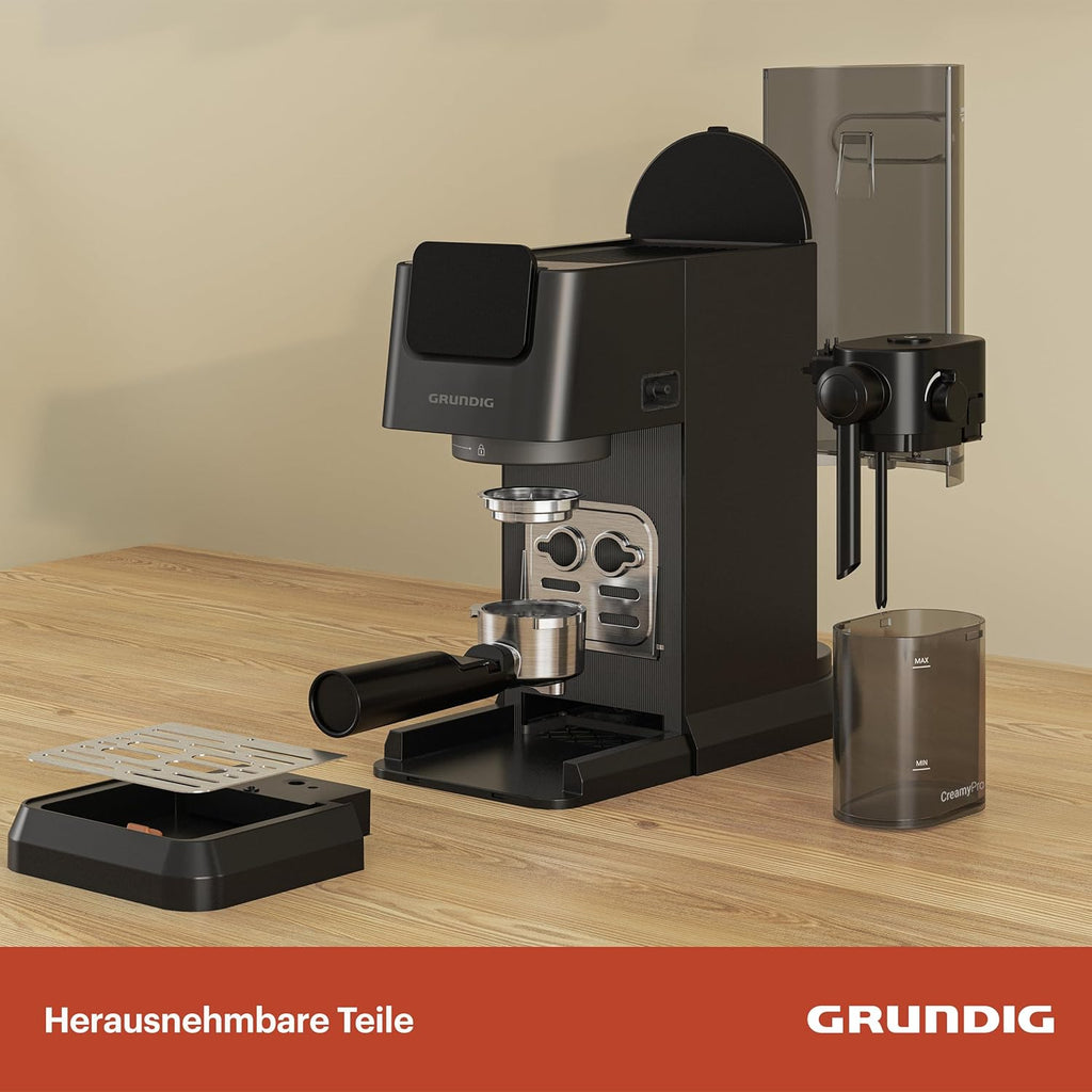 GRUNDIG KSM 5330 Macchina da caffè con portafiltro e contenitore per il latte integrato, 1628 W di potenza, 15 bar di pressione della pompa, ugello doppio, display touch a colori, BrewSense, CreamyPro, Inox scuro/Nero