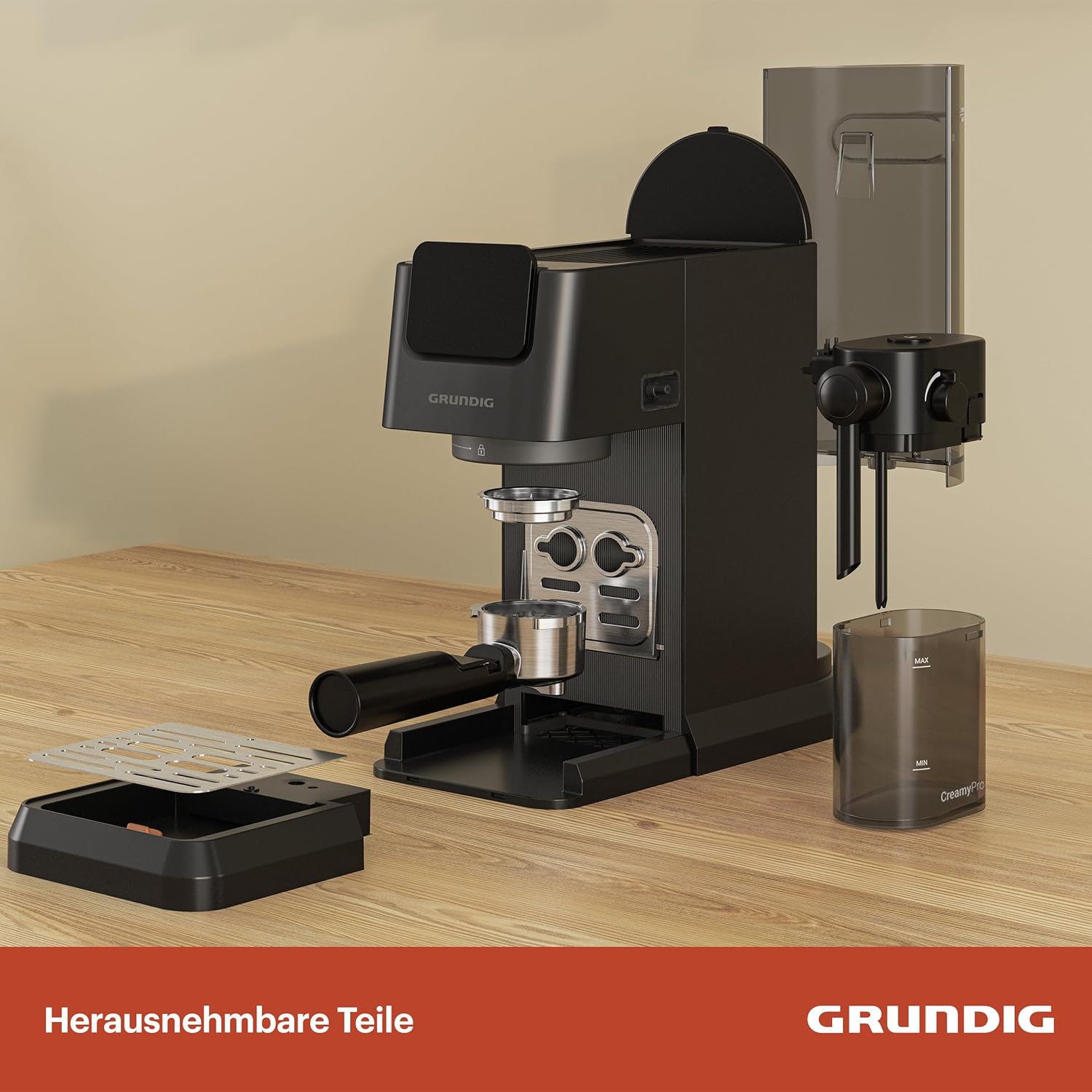 GRUNDIG KSM 5330 Macchina da caffè con portafiltro e contenitore per il latte integrato, 1628 W di potenza, 15 bar di pressione della pompa, ugello doppio, display touch a colori, BrewSense, CreamyPro, Inox scuro/Nero