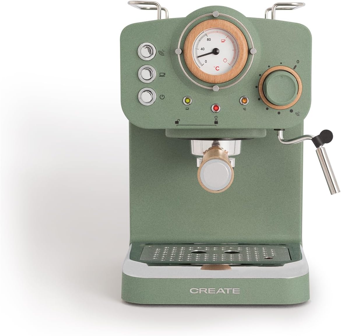 CREATE / THERA RETRO/Macchina da caffè espresso semiautomatica Rosa Pastello Opaco e Legno / Pompa a pressione 20bar, 1100W, Serbatoio acqua 1.25L, per caffè macinato, cialde ESE 55mm, con vaporizzatore, 1100W