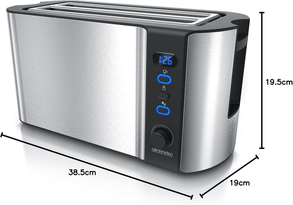 Arendo - Tostapane a fessura lunga in acciaio inox per 4 fette - Funzione scongelamento - Corpo isolante dal calore - Con scaldavivande integrato - Vassoio raccoglibriciole - Display con indicazione del tempo residuo - Nero opaco