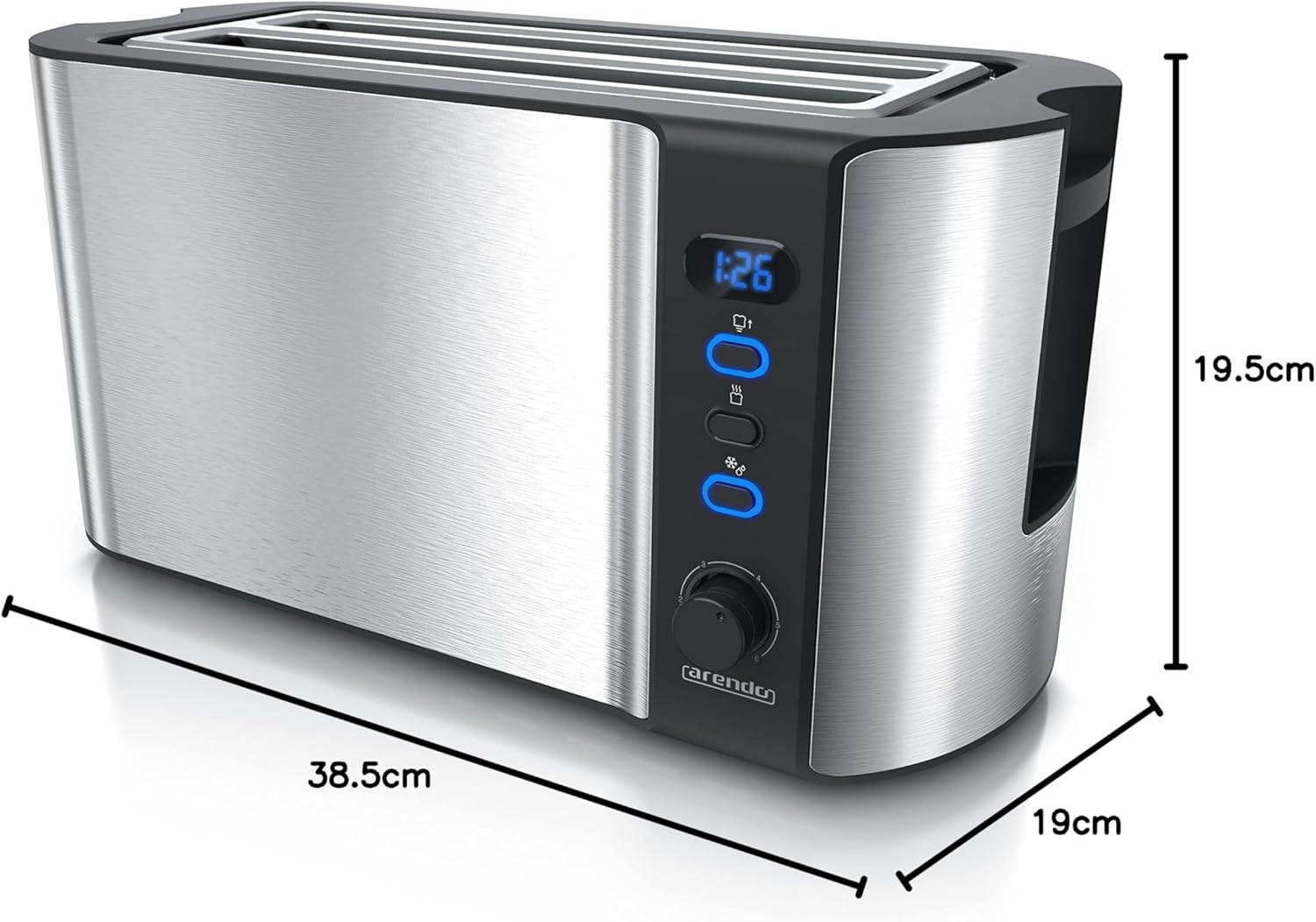 Arendo - Tostapane a fessura lunga in acciaio inox per 4 fette - Funzione scongelamento - Corpo isolante dal calore - Con scaldavivande integrato - Vassoio raccoglibriciole - Display con indicazione del tempo residuo - Nero opaco