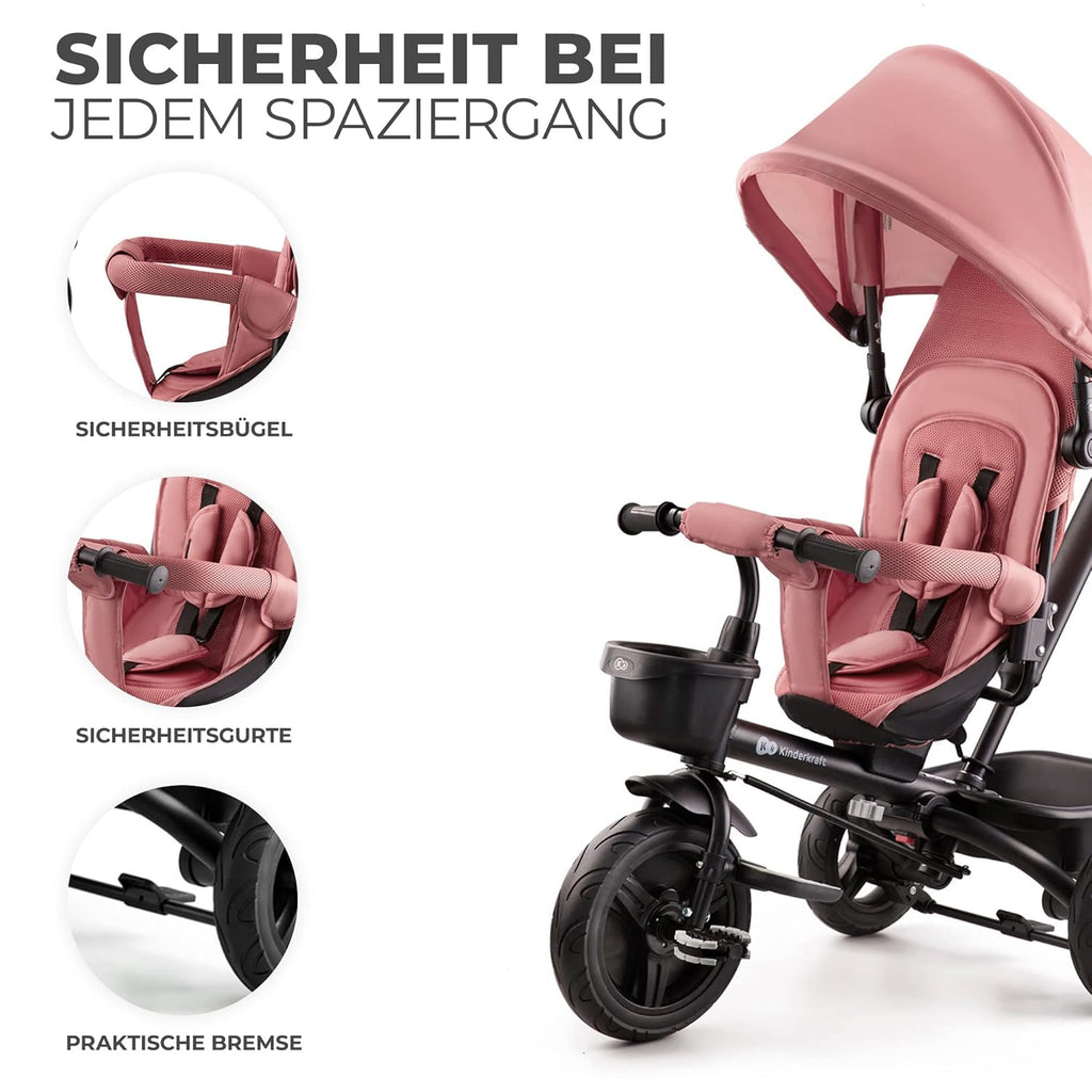 Kinderkraft AVEO Dreirad ab 9 Monate bis 25 kg, Kinderdreirad mit schubstange, Kompakte zusammenklappen, drehbarer Sitz, ausklappbarem Verdeck mit sonnenschutz, Getränkehalter korb im set, Rosa