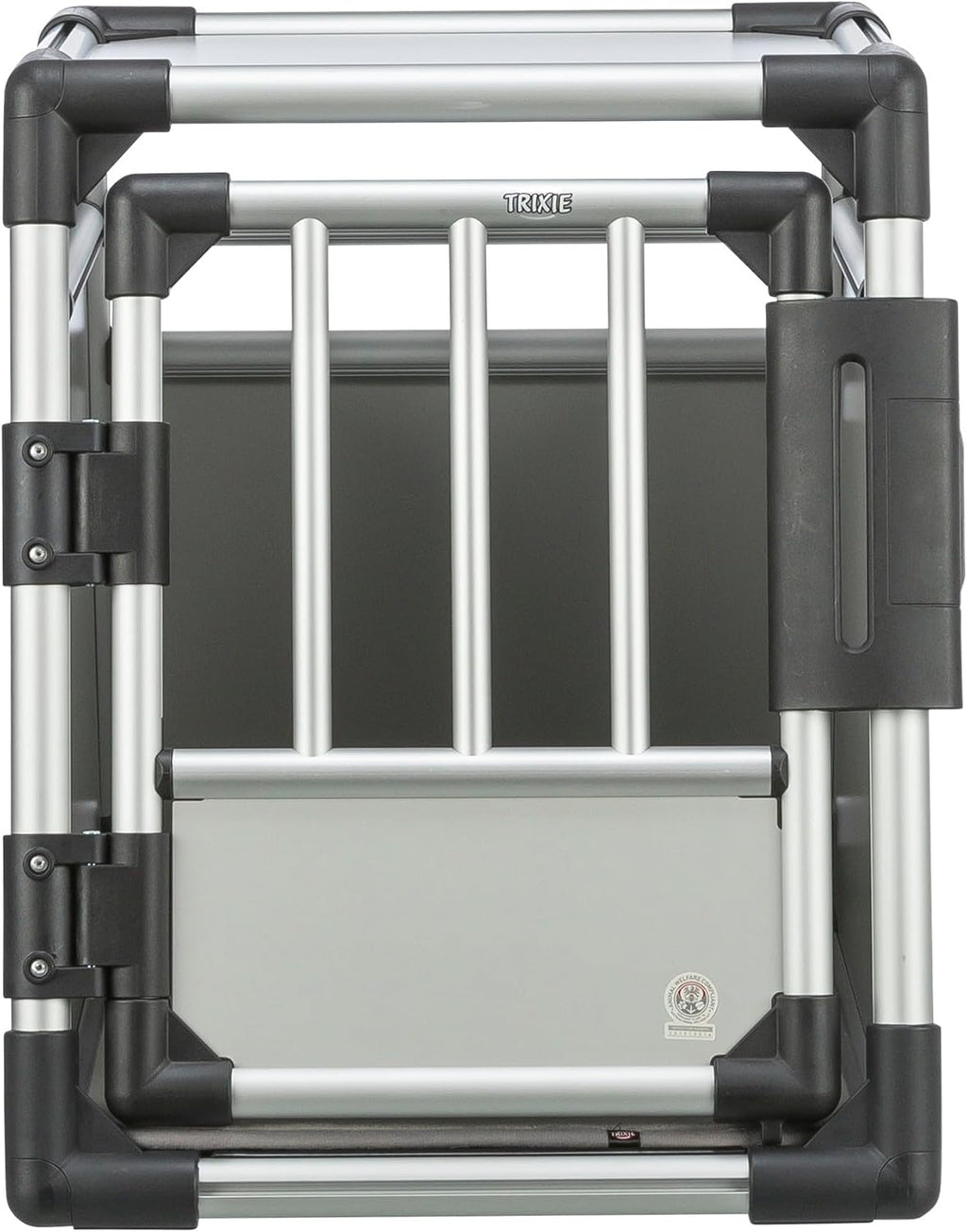 TRIXIE Hunde-Transportbox Aluminium in silber – M: 55 × 62 × 73 cm, stabile und geräuscharme Hundebox mit abgeschrägten Seiten, Sicherheitsverschluss & rutschfester Liegematte – 39342