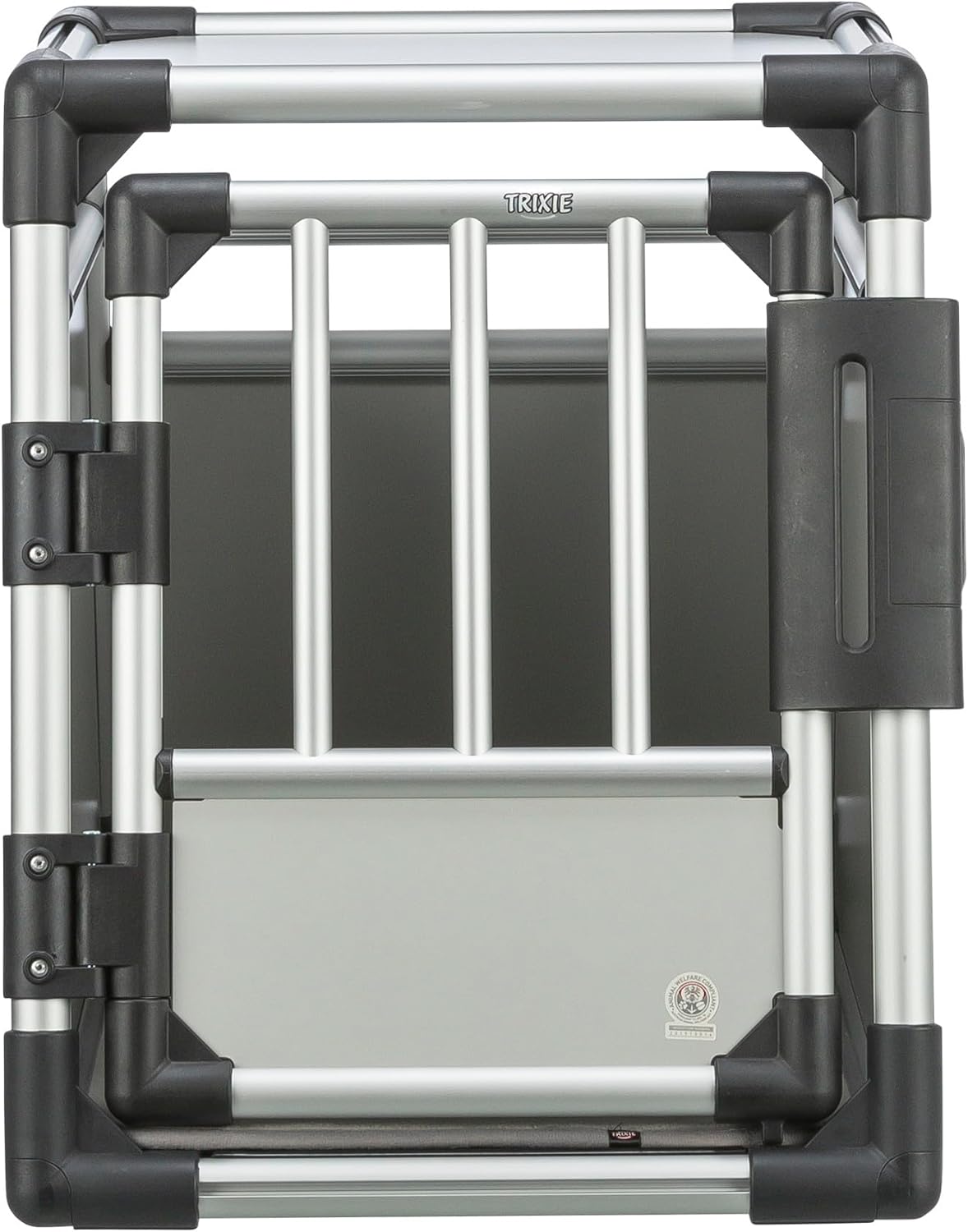 TRIXIE Hunde-Transportbox Aluminium in silber – M: 55 × 62 × 73 cm, stabile und geräuscharme Hundebox mit abgeschrägten Seiten, Sicherheitsverschluss & rutschfester Liegematte – 39342