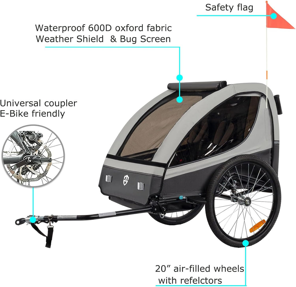 Tiggo VS Kinderanhänger 360° Drehbar mit Federung 2in1 Fahrradanhänger mit Buggy Set Jogger 5-Punkt Gurt Fahrrad Anhänger für 1 bis 2 Kinder max. 40kg