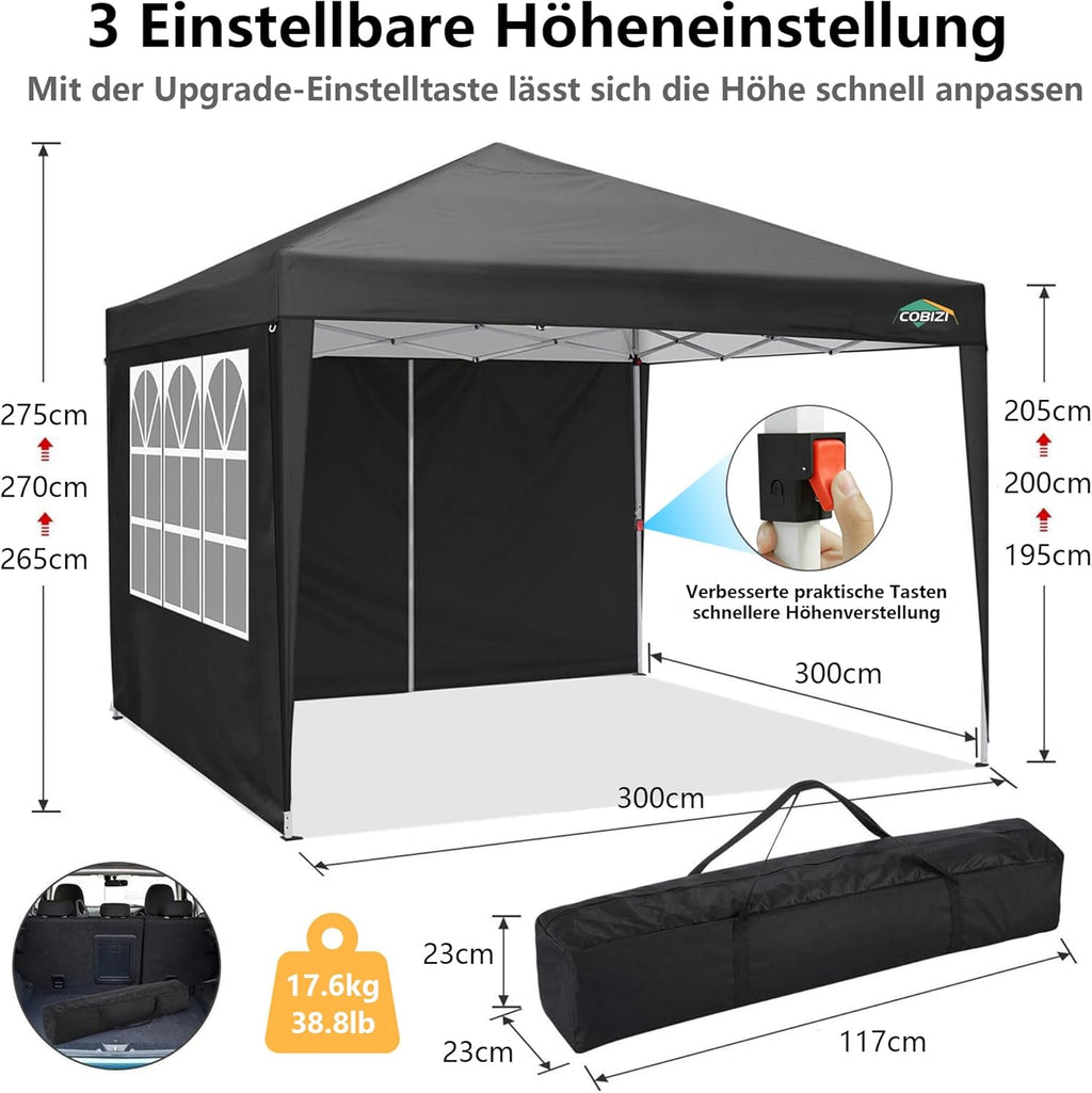 COBIZI Gazebo Pieghevole 3x6 Impermeabile Stabile con 6 Pareti Laterali, Tenda a Padiglione con Tetto a Punta, 3 Altezze Regolabili, Protezione UV, Borsa per Il Trasporto, Picchetti, Corde per Giardino, Matrimoni, Mercati, Eventi all'Aperto