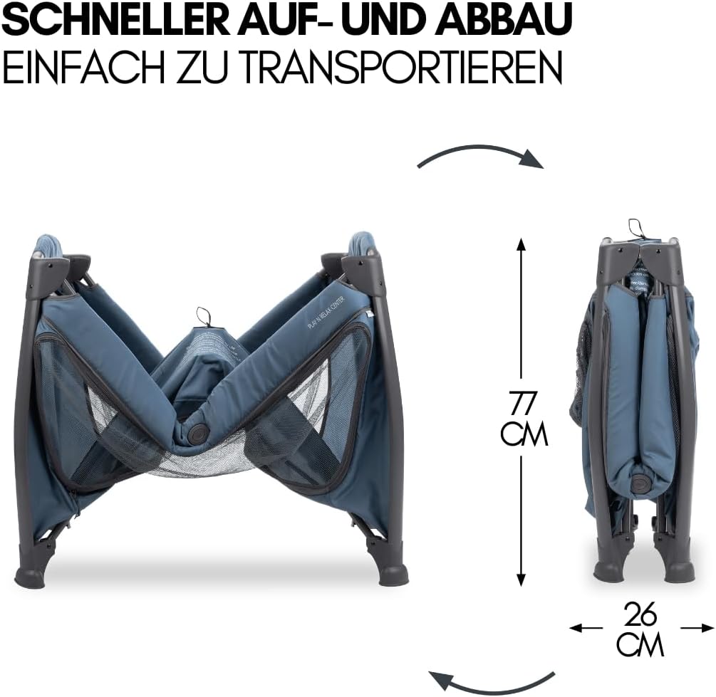 hauck Baby Reisebett Play n Relax Center Set mit Komfort Matratze und Insektenschutz - Babyreisebett mit Neugeborenen Einsatz, Wickelauflage und Tasche (höhenverstellbar & faltbar) - Dark Blue
