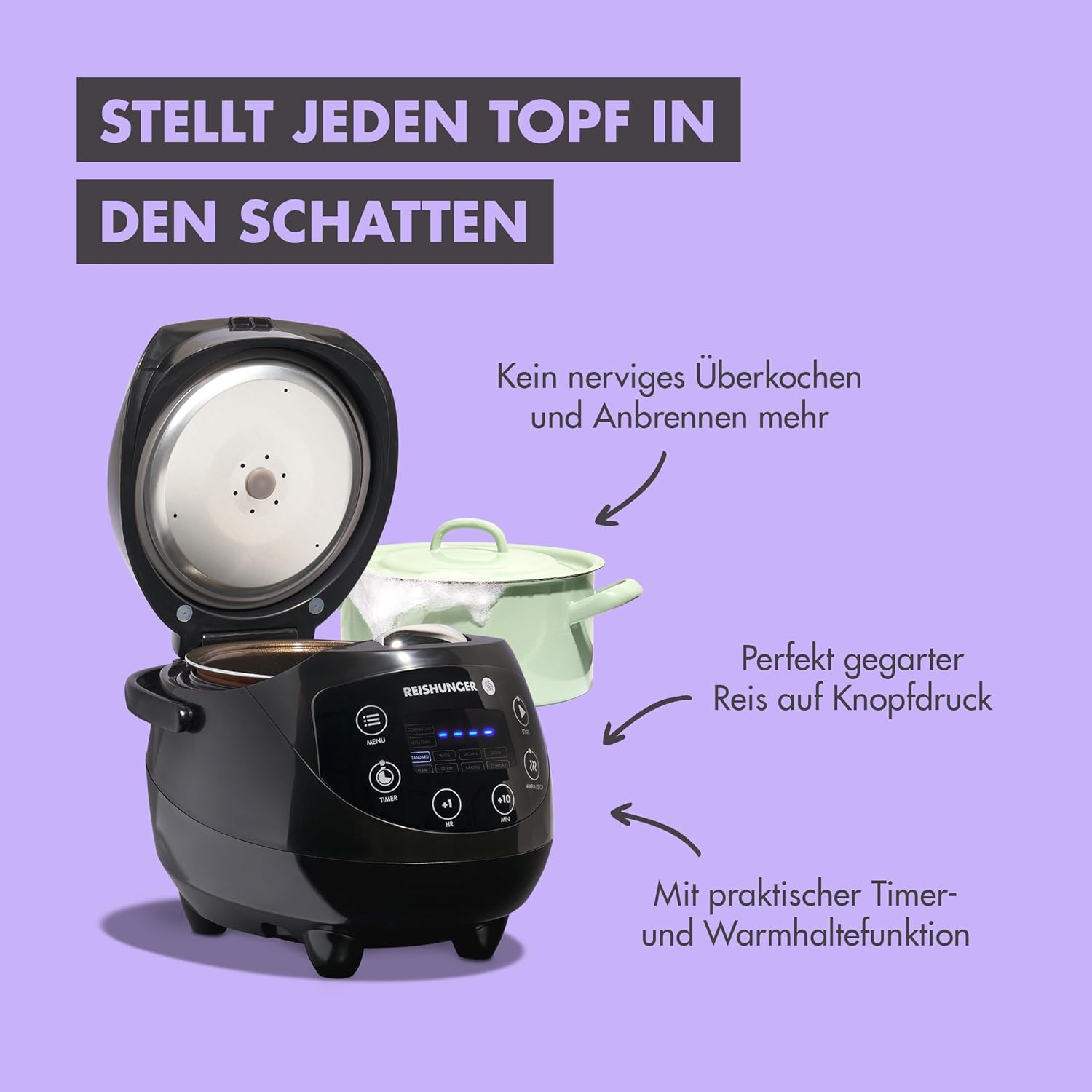REISHUNGER Cuociriso digitale piccolo, nero | Da 0,6 L fino a 3 persone | Funzione mantenimento calore, timer e pentola premium | Multicooker e vaporiera piccoli, 8 programmi, tecnologia a 7 fasi