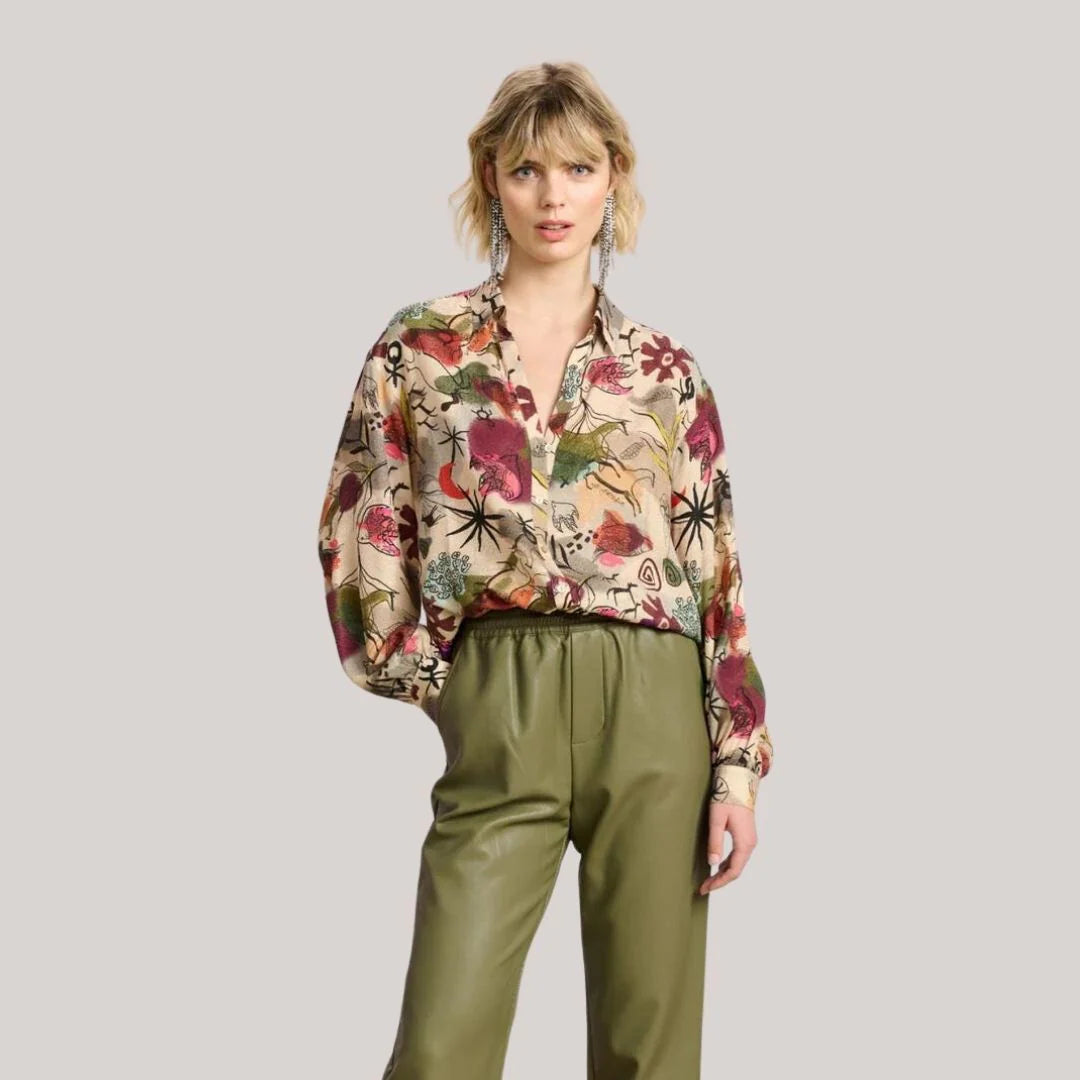 Lozenda - Blusa bohémien fluida con motivo floreale autunnale