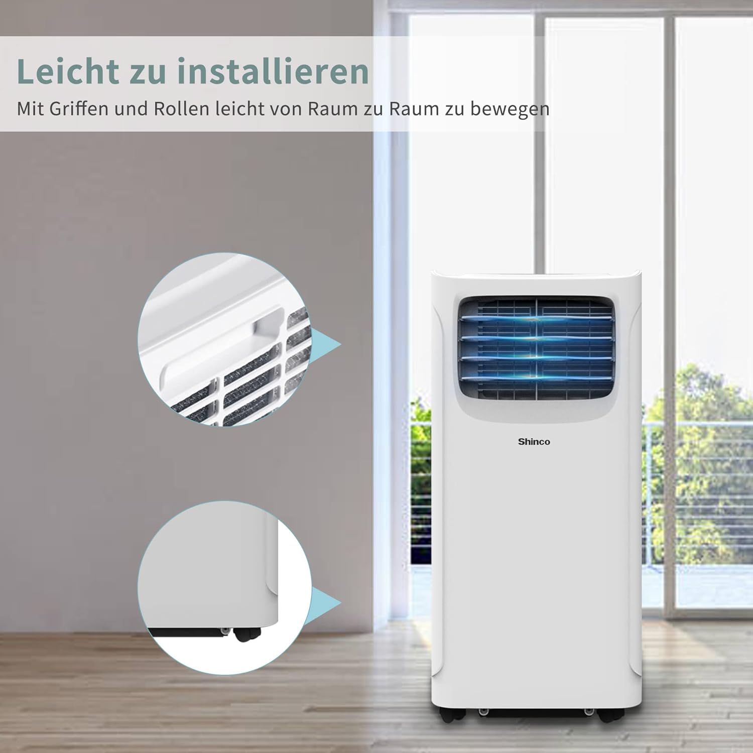 SHINCO Condizionatore Portatile con Tubo di Scarico, Climatizzatore 3-in-1 con Deumidificatore e Ventilatore, 7000BTU, 2,05 kW, Condizionatore Mobile con Modalità Notturna, Timer e Materiale di Montaggio, Ambienti Fino a 54m