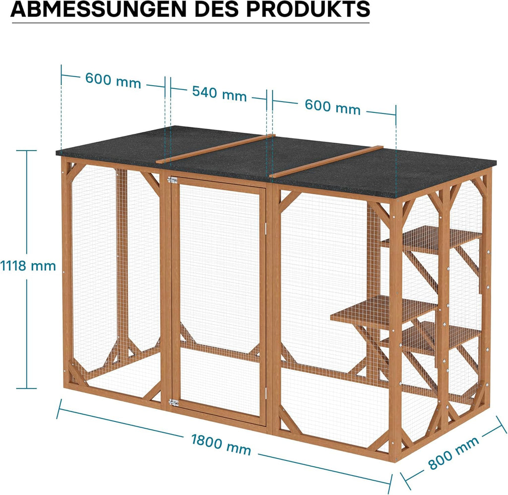 Wiltec Recinto esterno per gatti 168 x 82 x 166,5 cm con 6 piattaforme, gabbia per gatti da giardino resistente alle intemperie, cuccia per gatti con rete metallica e tetto in bitume