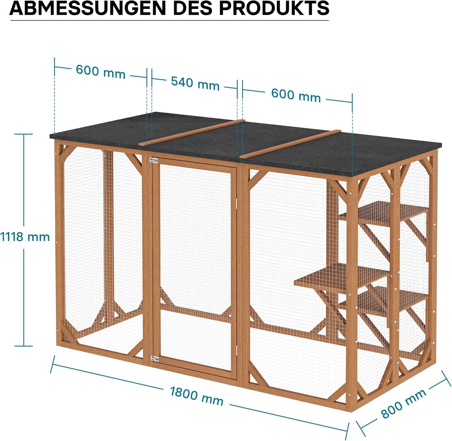 Wiltec Recinto esterno per gatti 168 x 82 x 166,5 cm con 6 piattaforme, gabbia per gatti da giardino resistente alle intemperie, cuccia per gatti con rete metallica e tetto in bitume