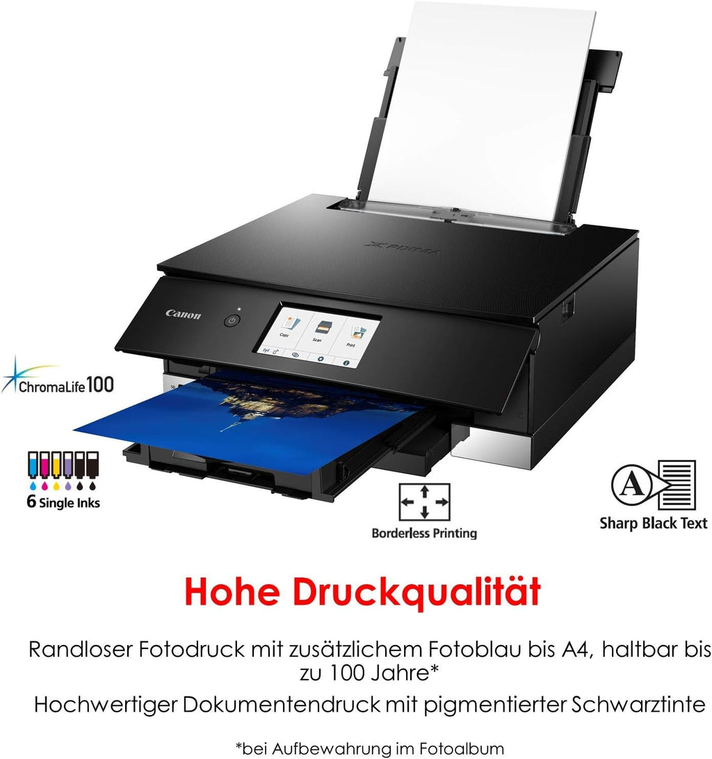 Canon PIXMA TS8351a Stampante multifunzione a getto d'inchiostro a colori DIN A4 (scanner, fotocopiatrice, 4.800 x 1.200 dpi, 6 inchiostri separati, USB, WLAN, AirPrint, stampa fronte/retro, 2 alimentatori carta, 5 GHz), bianco