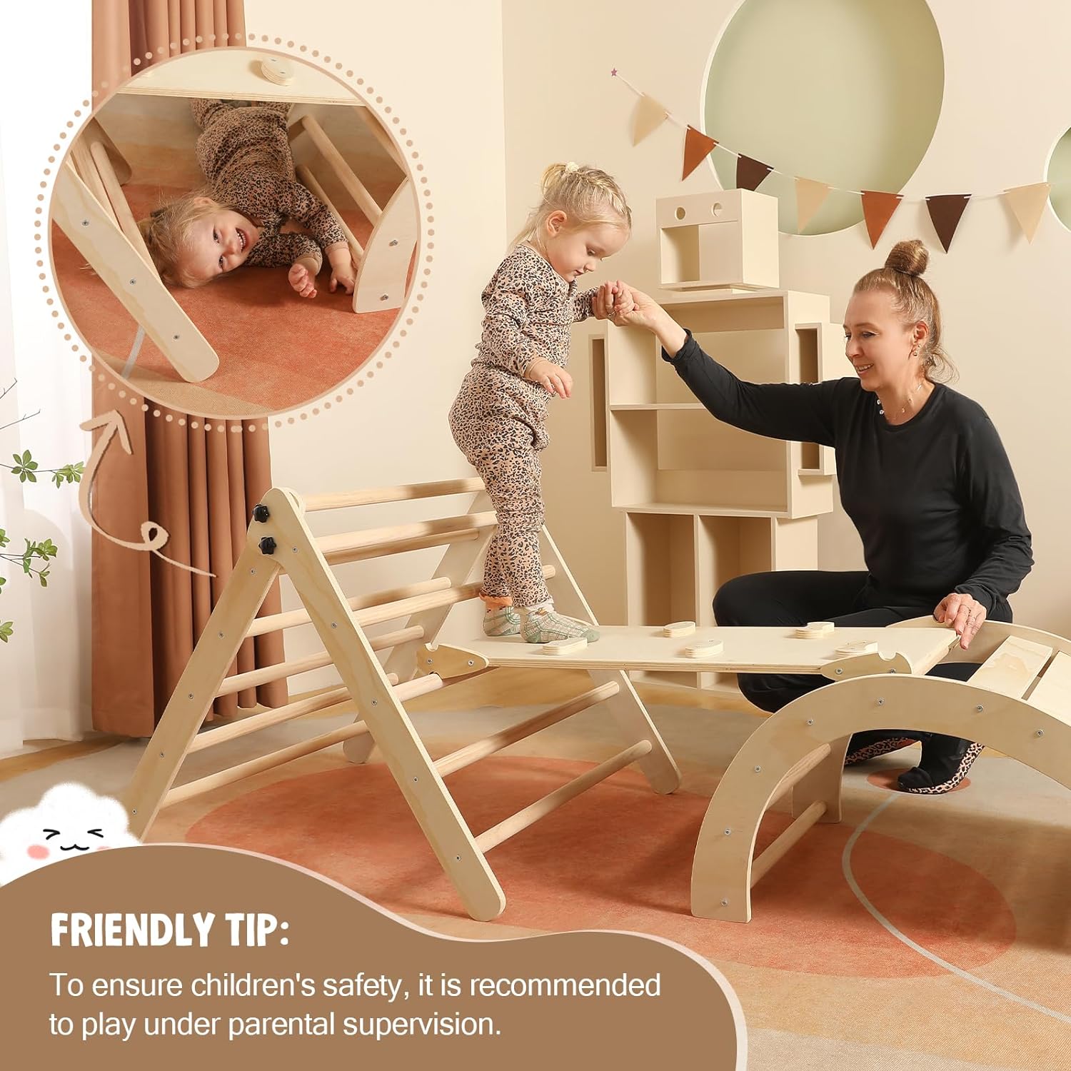 Set di triangoli con cuscino, set da arrampicata Montessori 5 in 1 pieghevole, set da gioco per interni per bambini piccoli, giocattolo da arrampicata in legno con rampa e arco da arrampicata per bambini (colore legno)