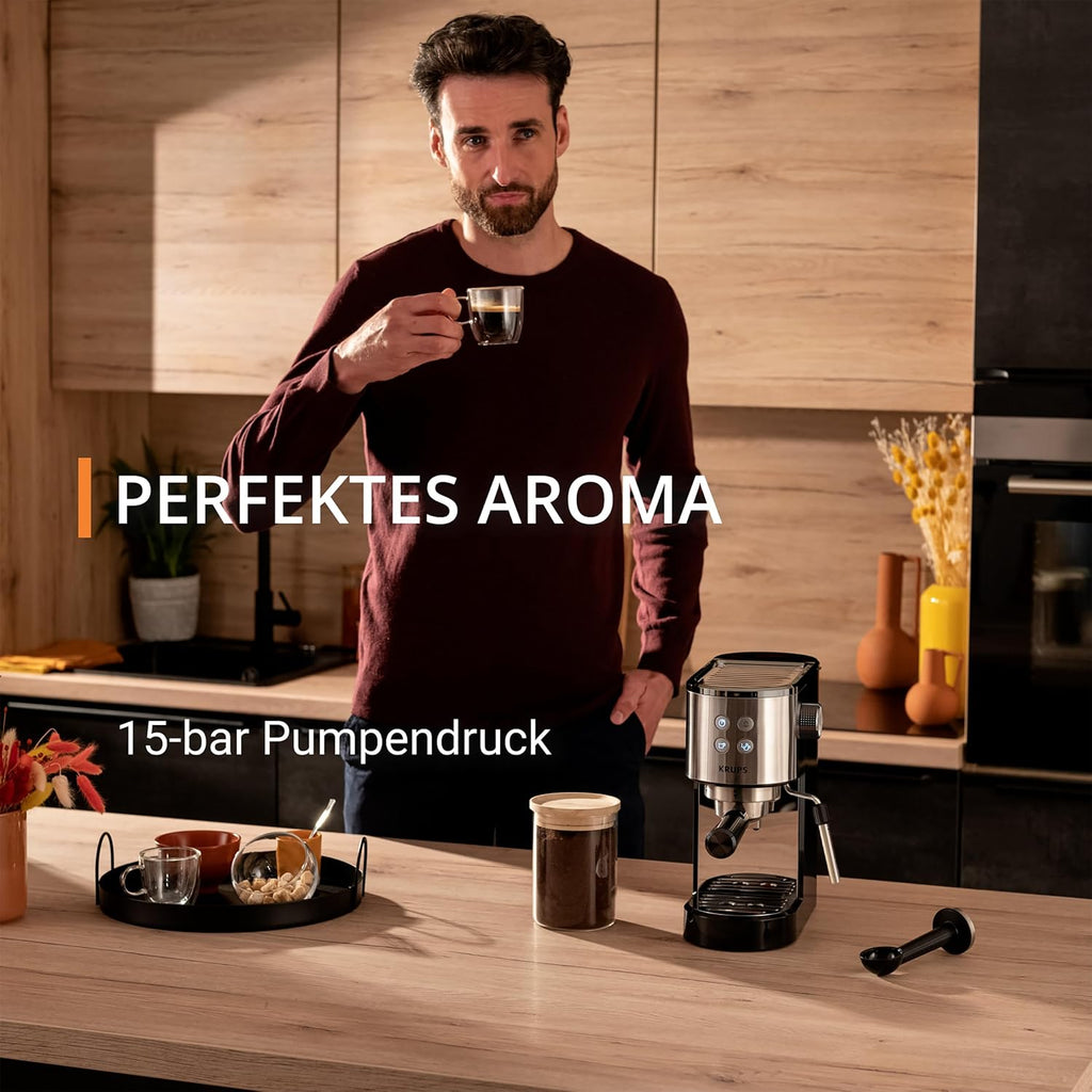 Krups Virtuoso Essential Espresso-Siebträgermaschine, 15 bar, Edelstahl-Applikationen, schlankes Design, Bedienfeld mit 4 Funktionen, inkl. Barista-Zubehör, Edelstahl, XP441810