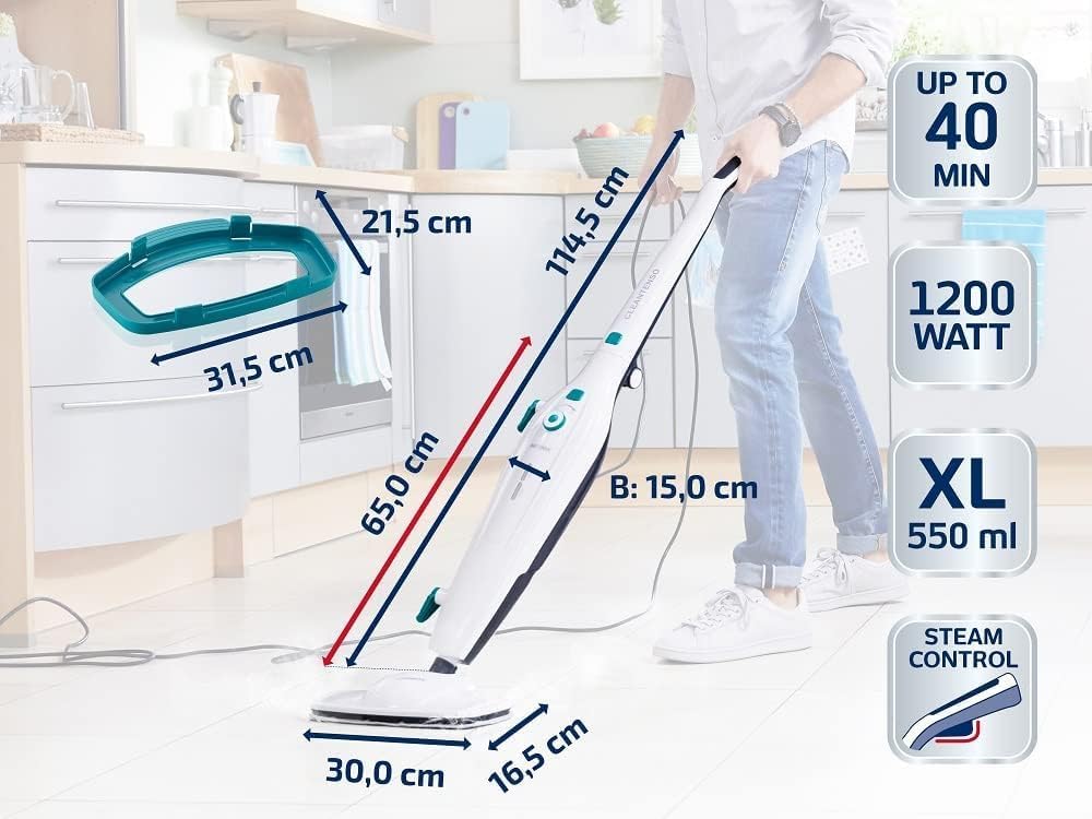 Leifheit Pulitore a vapore CleanTenso Power 2.0 con vapore caldo contro i batteri, Mop a vapore con tempi di riscaldamento brevi e 50 minuti di autonomia, Scopa a vapore per la pulizia degli angoli, Spazzola a vapore dal design moderno