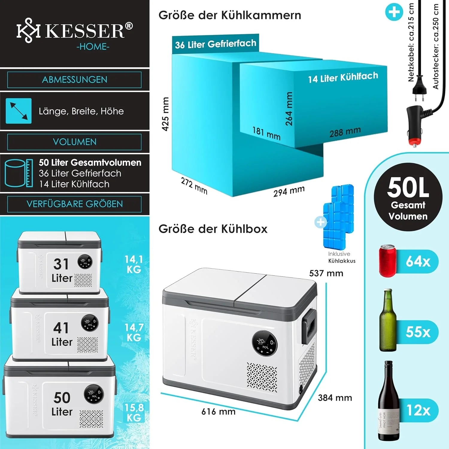 KESSER® Frigorifero portatile a compressore 2in1 doppia zona frigo e congelatore, congelatore elettrico con 2 accumuli di freddo e controllo touch LED | Refrigerazione fino a -20 °C per campeggio, auto, camion 12/24V 230V