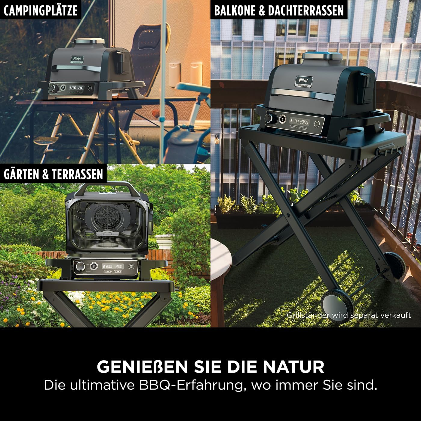 Ninja Woodfire Barbecue Elettrico & Affumicatore & Friggitrice ad Aria, Barbecue da Esterno 7-in-1, Frigge ad Aria, Affumica, Arrostisce, Cuoce al Forno e Altro, Resistente alle Intemperie, Antiaderente, Portatile, Elettrico, Grigio/Nero OG701EU