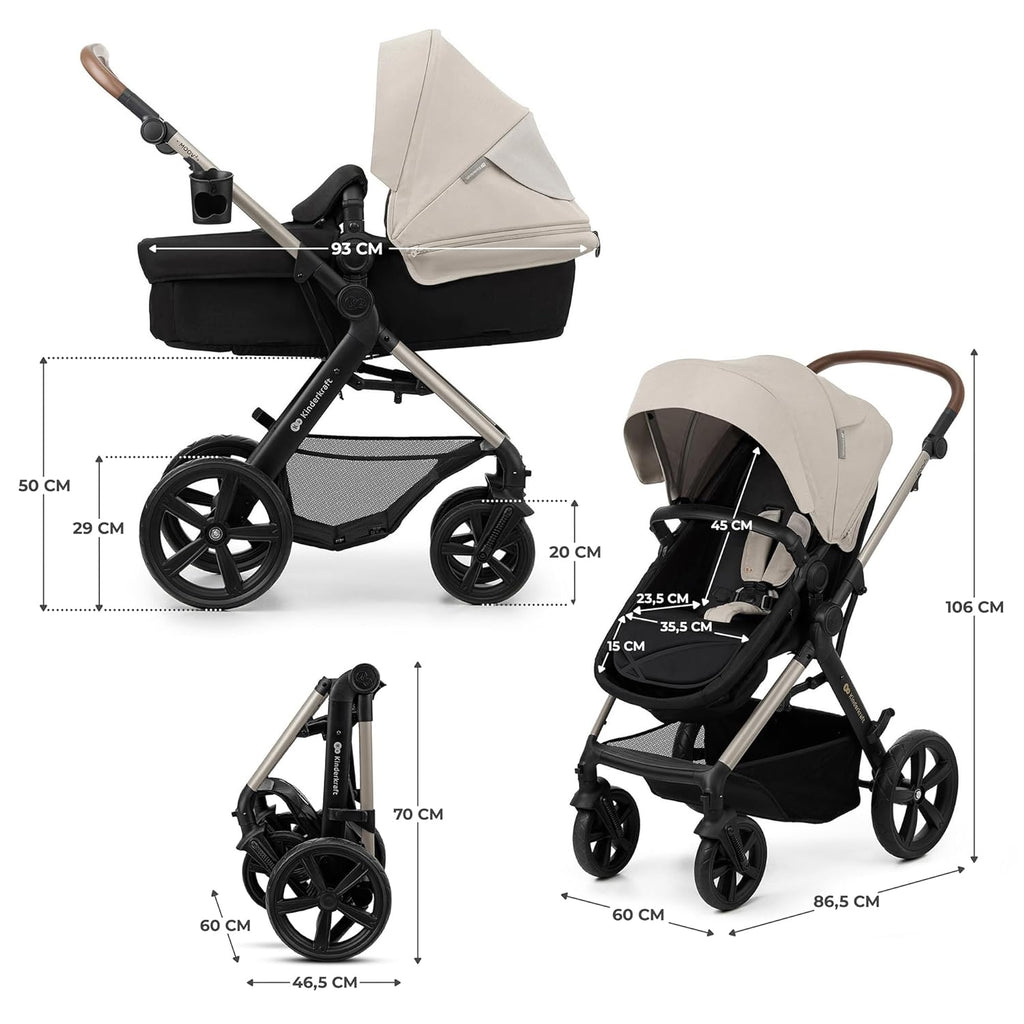 Kinderkraft MOOV2 AIR Passeggino 3 in 1, Set da 26 kg con seggiolino auto I-SIZE 40-75 cm, funzione passeggino, schienale reclinabile, ampia cappottina estensibile, ruote gonfiabili, grigio