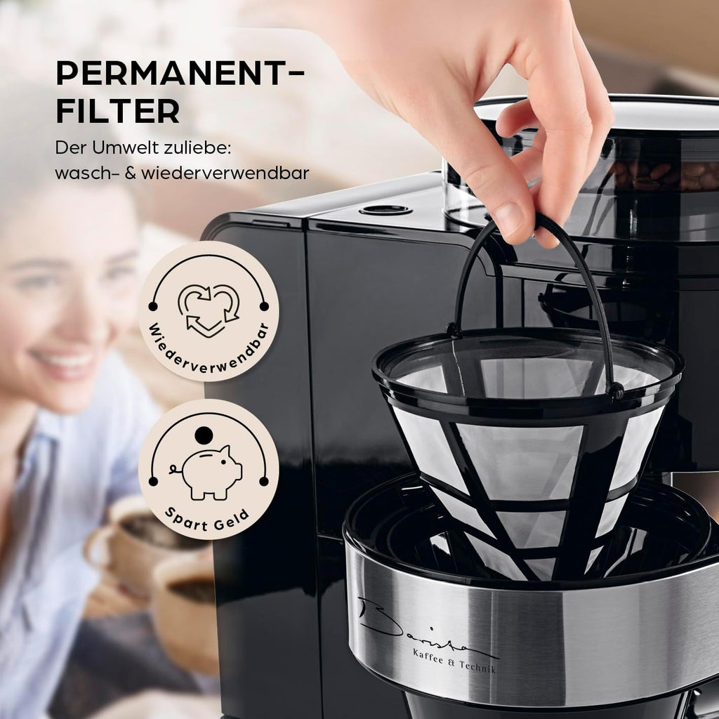 Barista Kaffeemaschine mit Mahlwerk | Filterkaffeemaschine mit Glaskanne | 900W Filtermaschine mit Touchdisplay & Timerfunktion für bis zu 10 Tassen | 1,25 Liter Kaffeekanne | Für Bohnen & Pulver