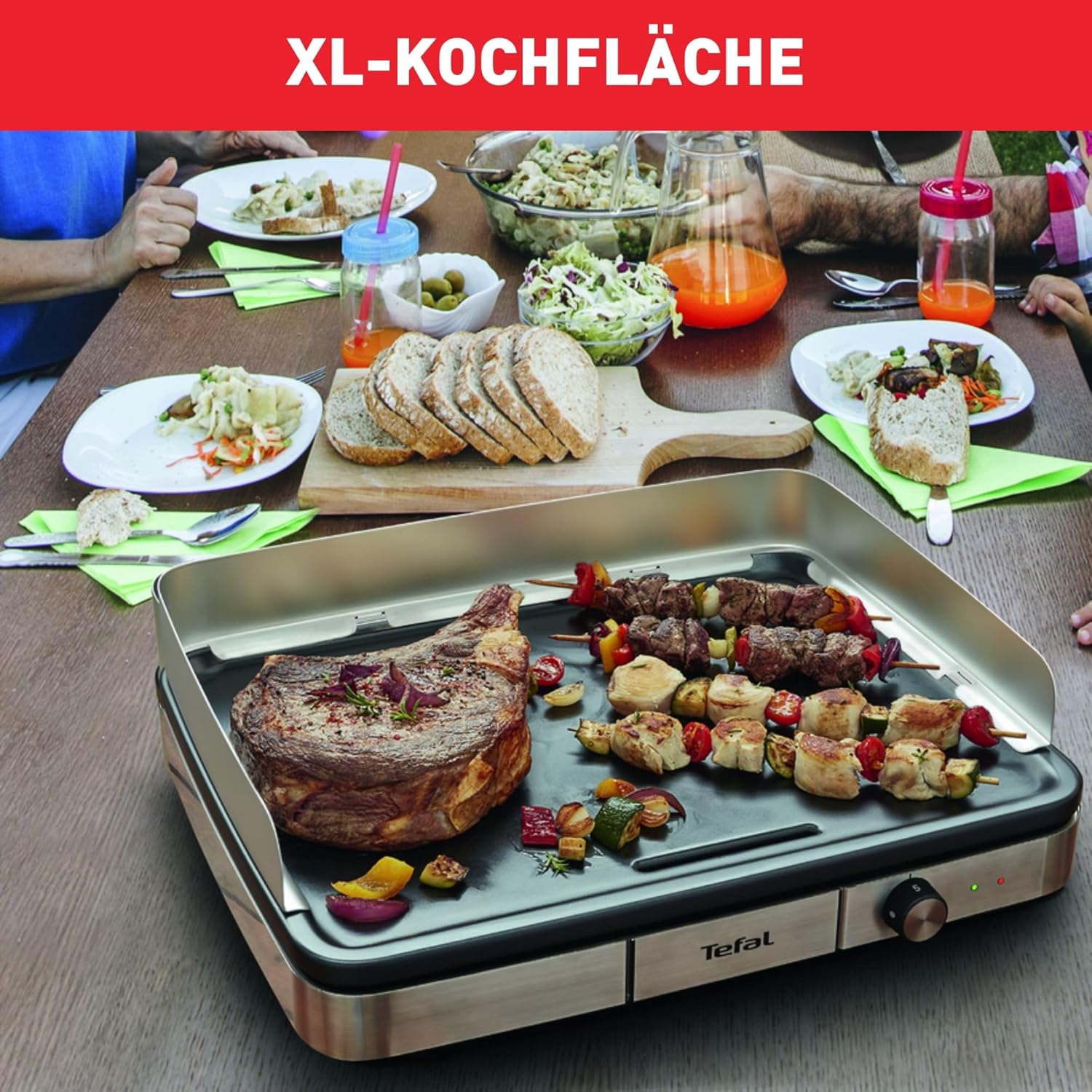 Tefal Maxi Plancha Elektro-Tischgrill CB690D, Extra groß, Antihaft Teppanyaki Platte, Leichte Reinigung, Innen und außen nutzbar, Inkl. abnehmbarem Windschutz + Spatel, 2300W, Schwarz/Silber